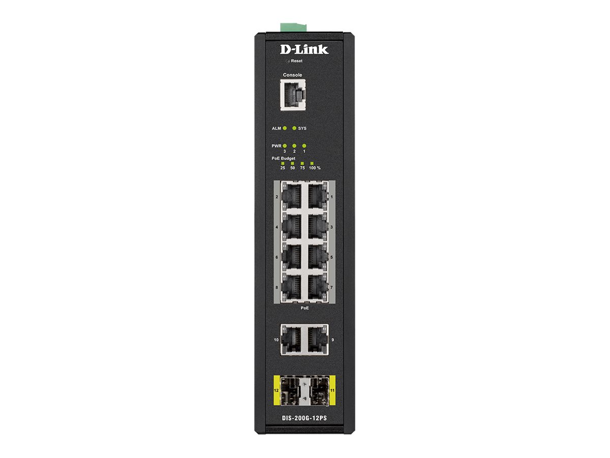 D-Link DIS 200G-12PS - Commutateur - Géré - 10 x 10/100/1000 (8 PoE+) + 2 x SFP - Montage sur rail DIN, fixation murale - PoE+ (240 W) - CA 120/230 V / CC 46 - 54 V - DIS-200G-12PS - Concentrateurs et commutateurs gigabit