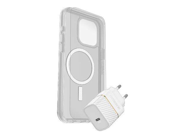 OtterBox Symmetry Series - Coque de protection pour téléphone portable - compatibilité avec MagSafe - clair - avec protection d'écran en verre de qualité supérieure et chargeur mural à charge rapide USB-C 30W - pour Apple iPhone 15 Pro Max - 78-81248 - Coques et étuis pour téléphone portable