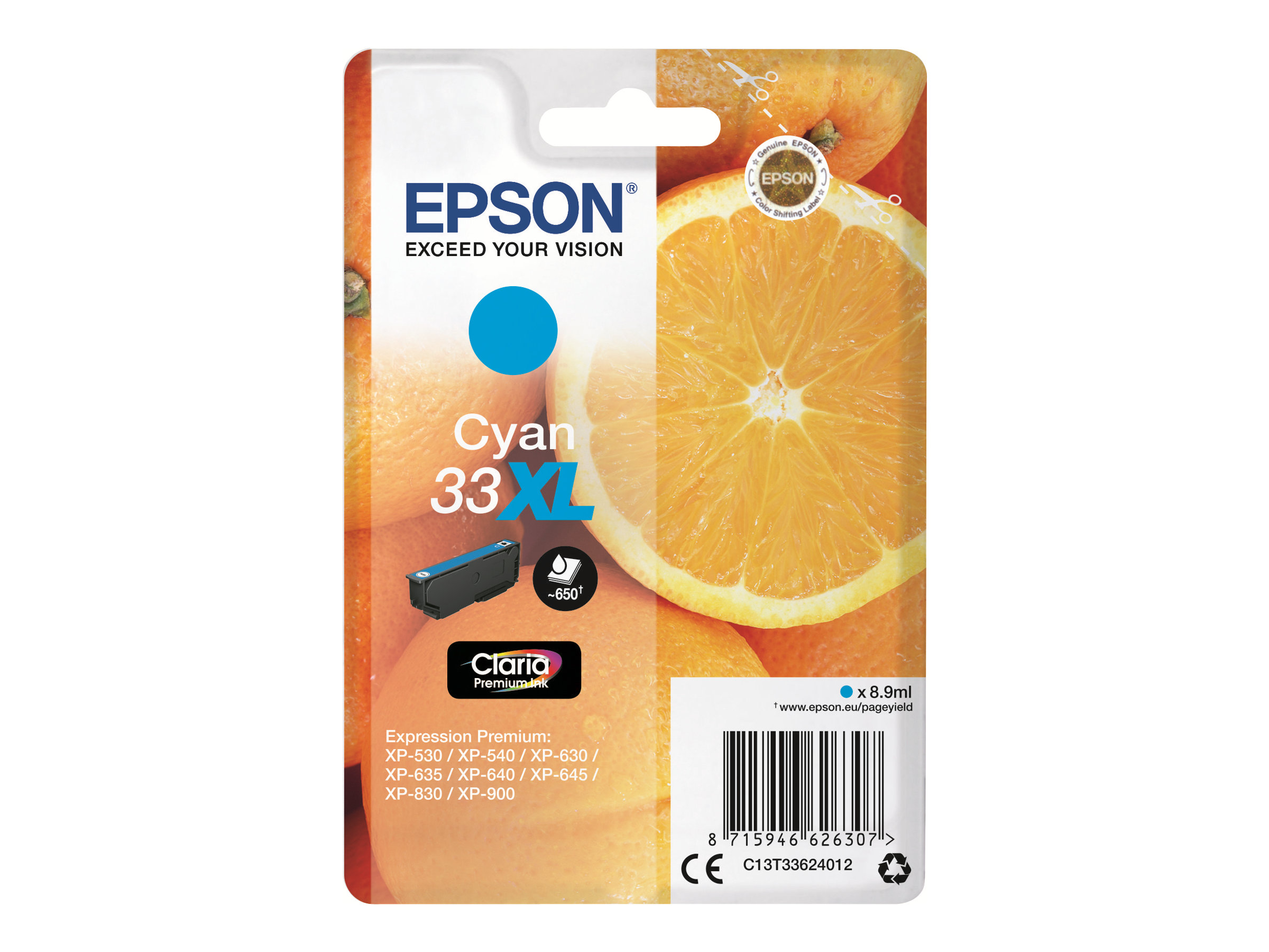 Epson 33XL - 8.9 ml - XL - cyan - original - emballage coque avec alarme radioélectrique/ acoustique - cartouche d'encre - pour Expression Home XP-635, 830; Expression Premium XP-530, 540, 630, 635, 640, 645, 830, 900 - C13T33624022 - Cartouches d'encre Epson