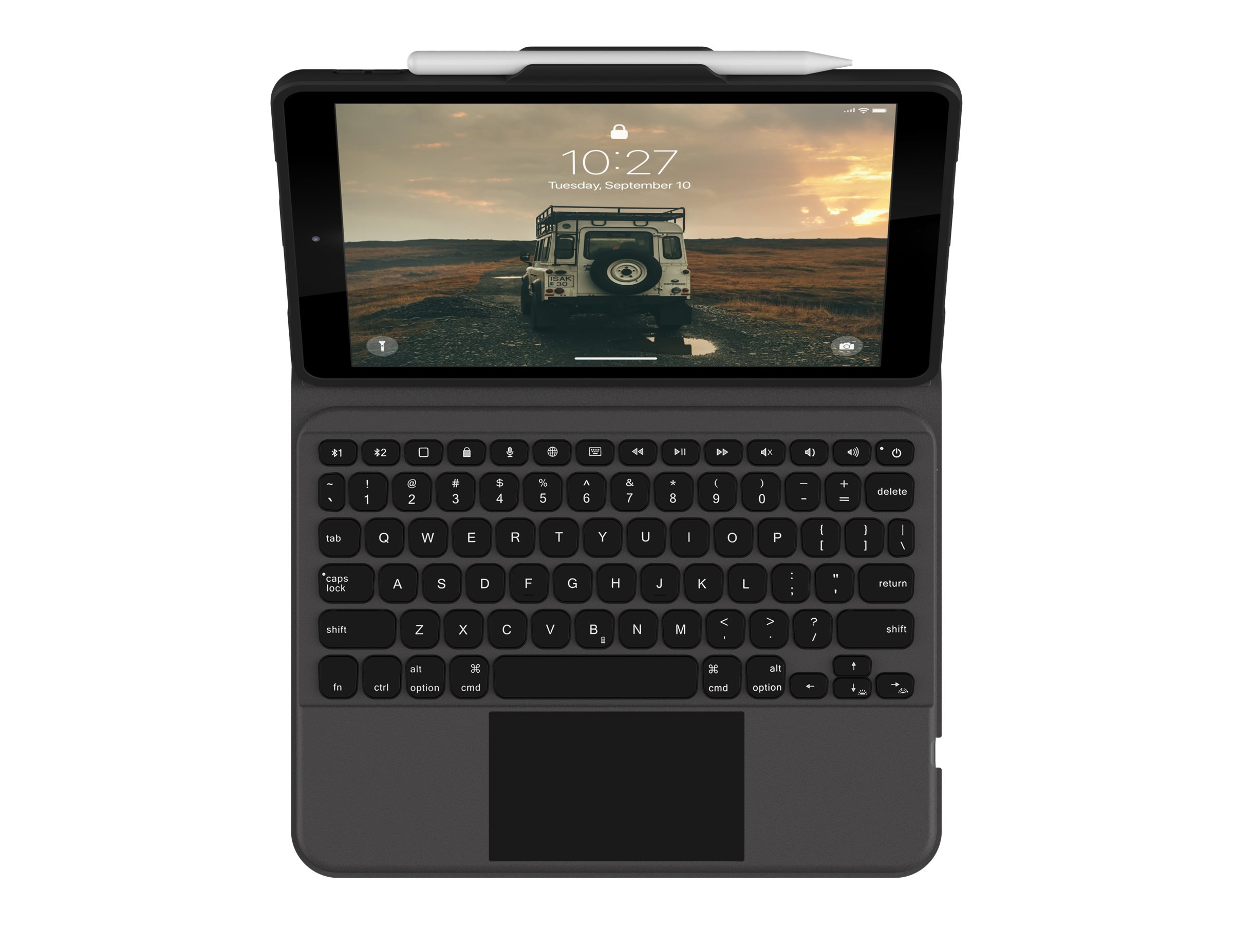 UAG Rugged Bluetooth Keyboard w/Trackpad (French) - Clavier et étui (boîtier de clavier) - avec trackpad - rétro-éclairé - Bluetooth - Français - noir, cendre clavier, noir, cendre étui - Pour la vente au détail - pour Apple 10.2-inch iPad (7ème génération, 8ème génération, 9ème génération) - 124003114031 - Claviers