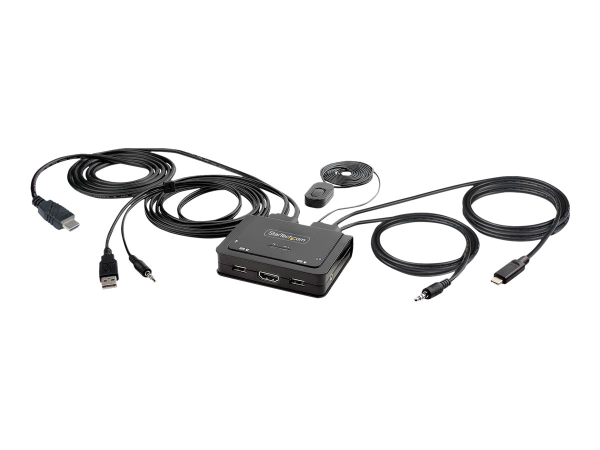 StarTech.com 2-Port Hybrid USB-C HDMI Cable KVM Switch, 4K 60Hz, Compact KVM with 6ft/1.8m USB-A/HDMI/Audio & 4ft/1.2m USB-C Integrated Host Cables, Bus Powered - Remote Push Button/Hotkey Switching (C2-H46-UAC-CBL-KVM) - Commutateur écran-clavier-souris/audio/USB - compact - 2 x KVM / audio / USB - 1 utilisateur local - de bureau - C2-H46-UAC-CBL-KVM - Commutateurs KVM