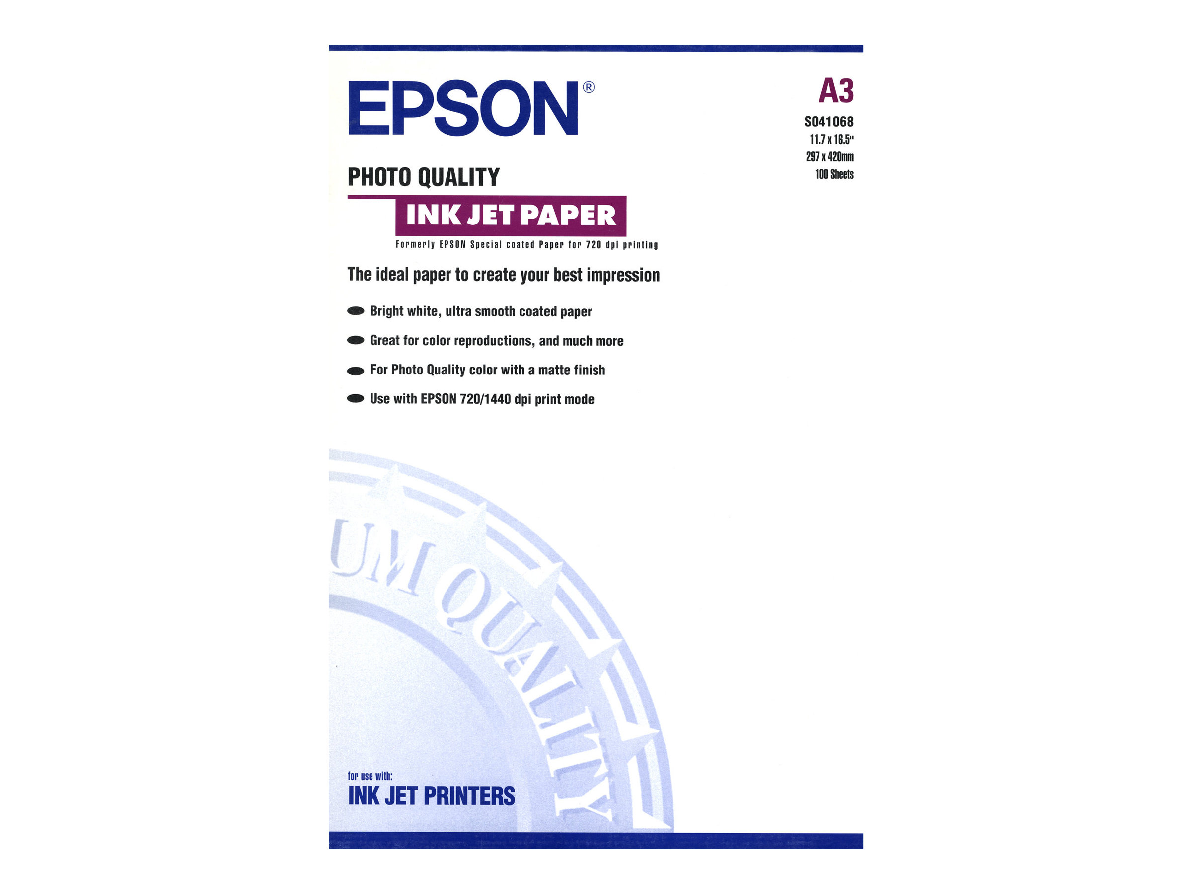 Epson Photo Quality Ink Jet Paper - Mat - enduit - A3 (297 x 420 mm) - 102 g/m² - 100 feuille(s) papier - pour SureColor SC-P700, P7500, P900, P9500, T2100, T3100, T3405, T5100, T5400, T5405 - C13S041068 - support spécial