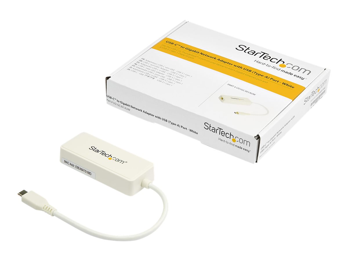 StarTech.com Adaptateur USB-C vers Ethernet Gigabit avec port USB 3.0 - Blanc (US1GC301AUW) - Adaptateur réseau - USB-C - Gigabit Ethernet + USB 3.1 Gen 2 - blanc - US1GC301AUW - Cartes réseau USB