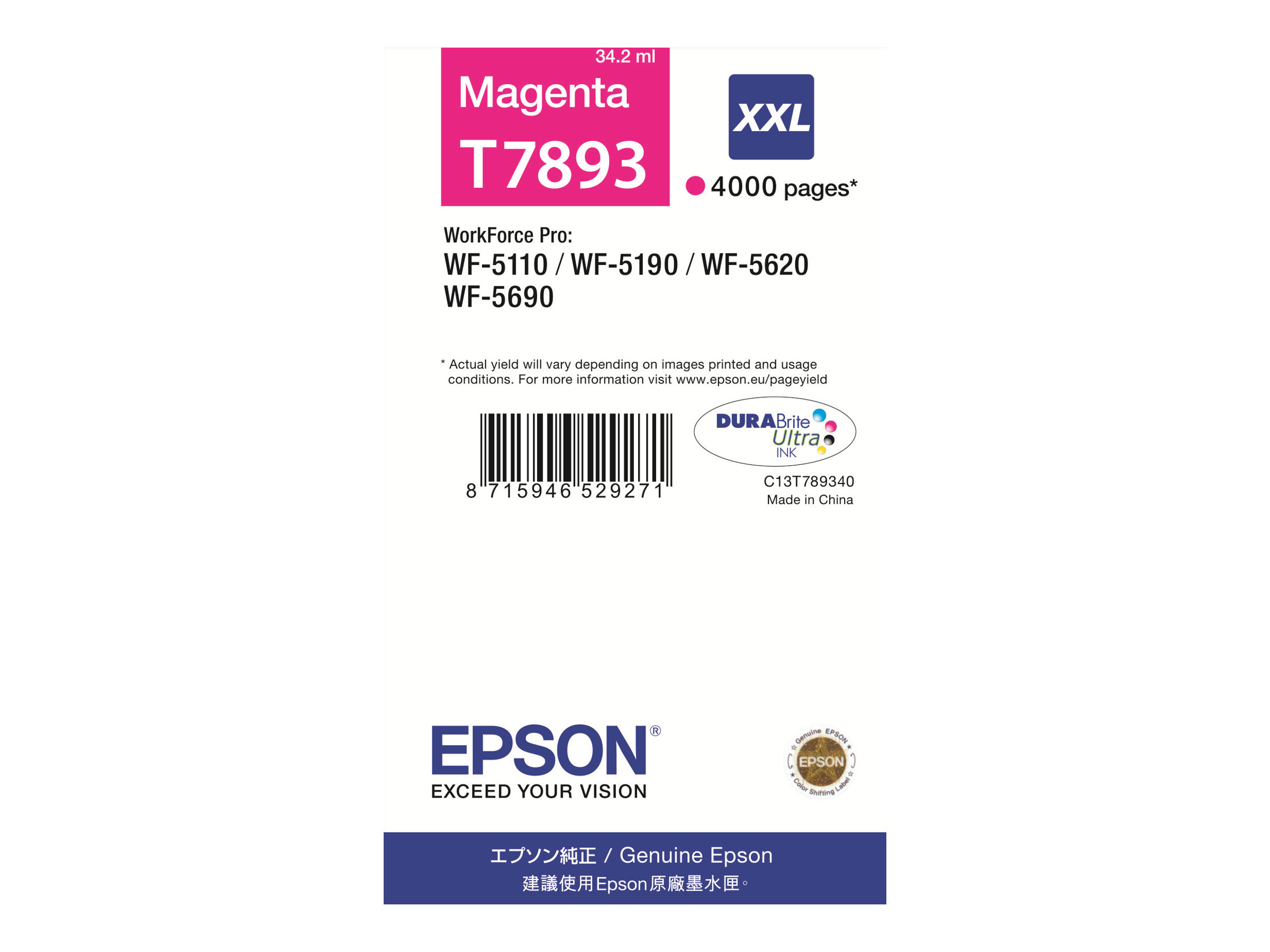 Epson T7893 - 34.2 ml - taille XXL - magenta - original - cartouche d'impression - pour WorkForce Pro WF-5110DW, WF-5190DW, WF-5190DW BAM, WF-5620DWF, WF-5690DWF, WF-5690DWF BAM - C13T789340 - Cartouches d'encre Epson