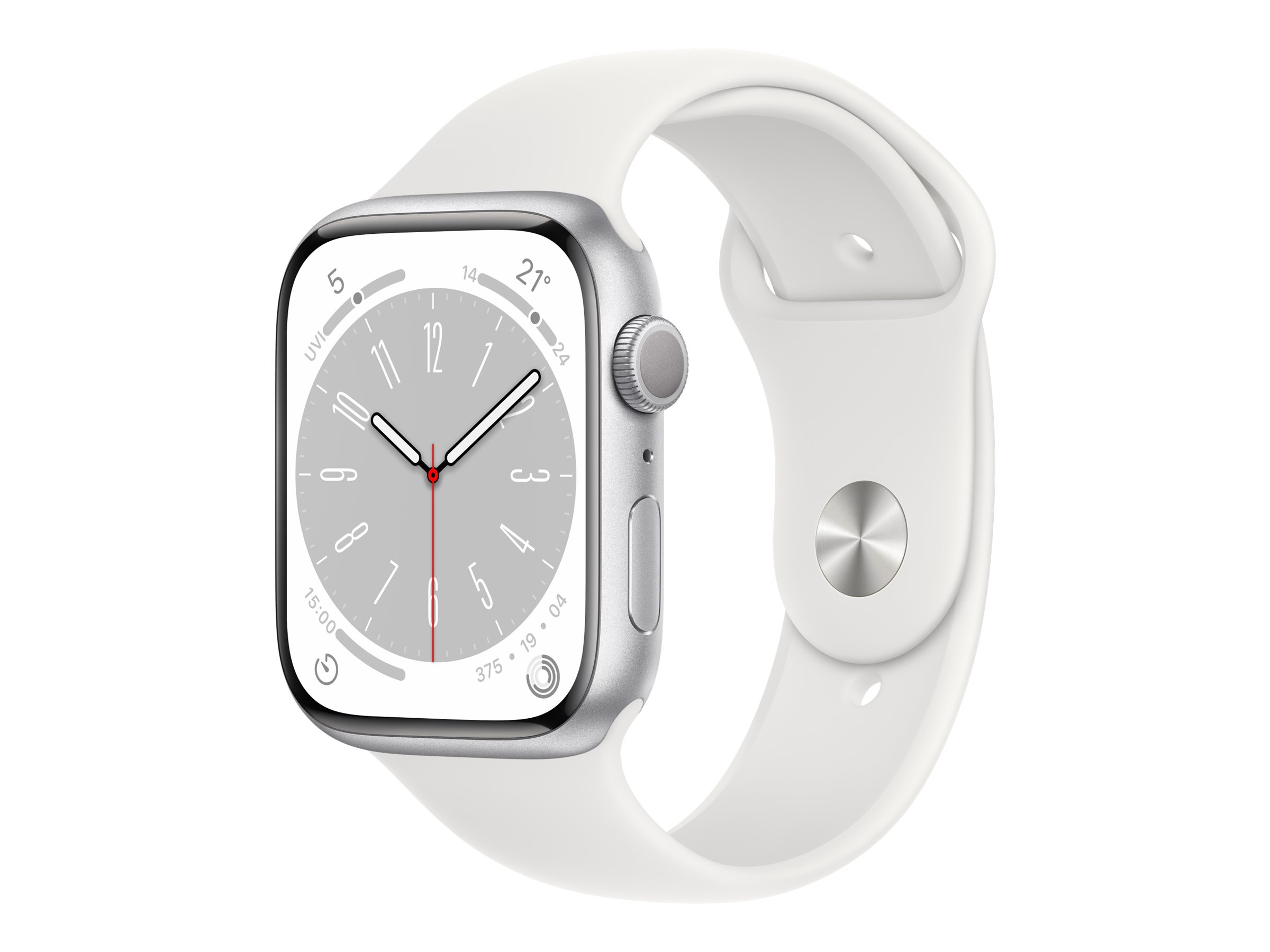 Apple Watch Series 8 (GPS) - 45 mm - aluminium argenté - montre intelligente avec bande sport - fluoroélastomère - blanc - taille du bracelet : Normal - 32 Go - Wi-Fi, Bluetooth - 38.8 g - MP6N3NF/A - Montres intelligentes