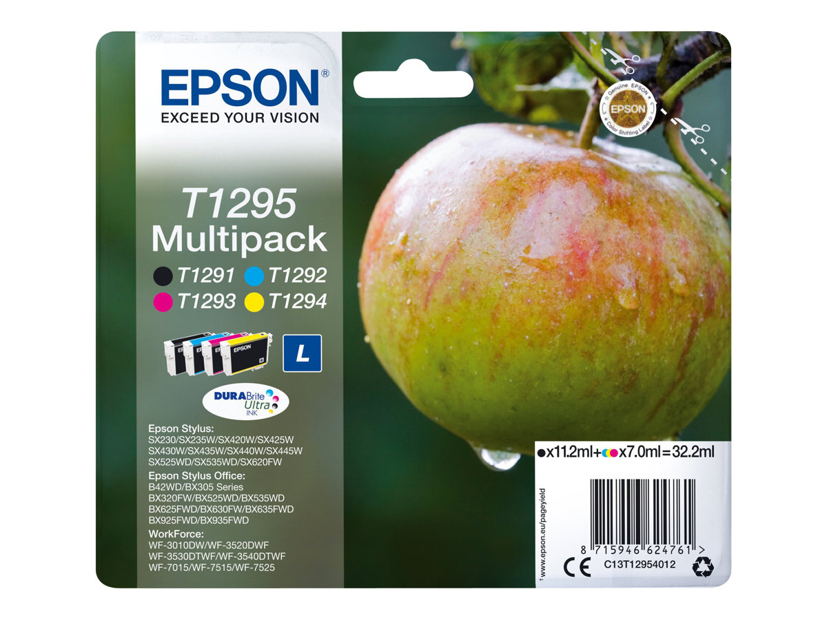 Epson T1295 Multipack - Pack de 4 - 32.2 ml - taille L - noir, jaune, cyan, magenta - original - cartouche d'encre - pour Stylus SX230, SX235, SX430, SX438; WorkForce WF-3010, 3520, 3530, 3540, 7015, 7515, 7525 - C13T12954012 - Cartouches d'encre Epson