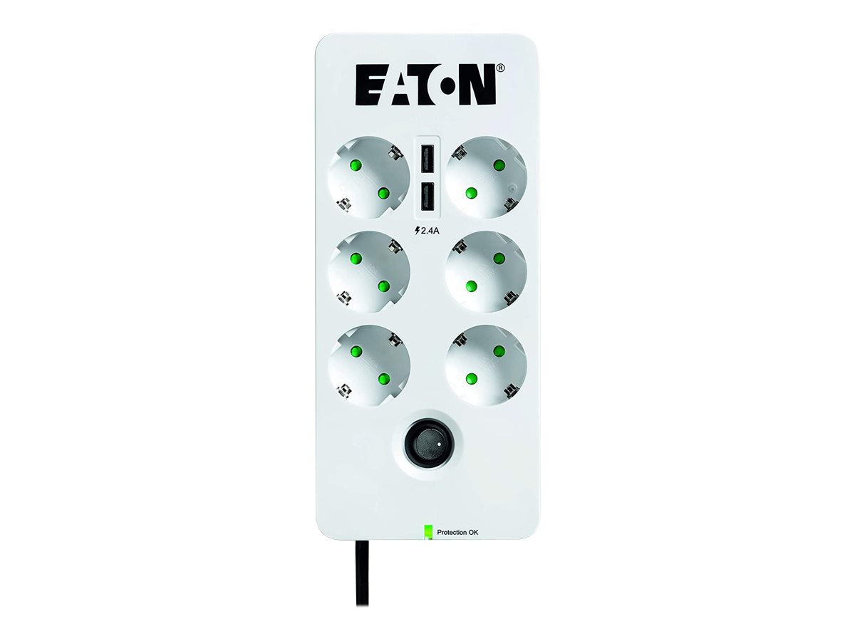 Eaton Protection Box 6 USB Tel@ Din - Protection contre les surtensions - CA 220-250 V - 2500 Watt - connecteurs de sortie : 6 - blanc - PB6TUD - Parasurtenseurs et PDU