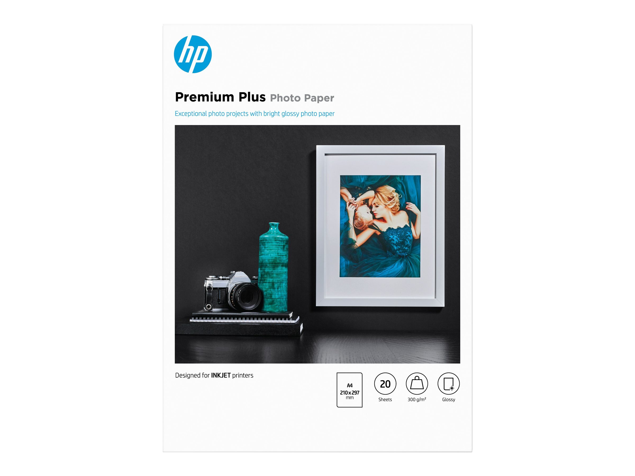 HP Premium Plus Photo Paper - Brillant - A4 (210 x 297 mm) - 300 g/m² - 20 feuille(s) papier photo - pour Officejet 52XX, 6000, 6000 E609, 68XX, 7000 E809, 80XX; Photosmart B110, Wireless B110 - CR672A - Papier photo