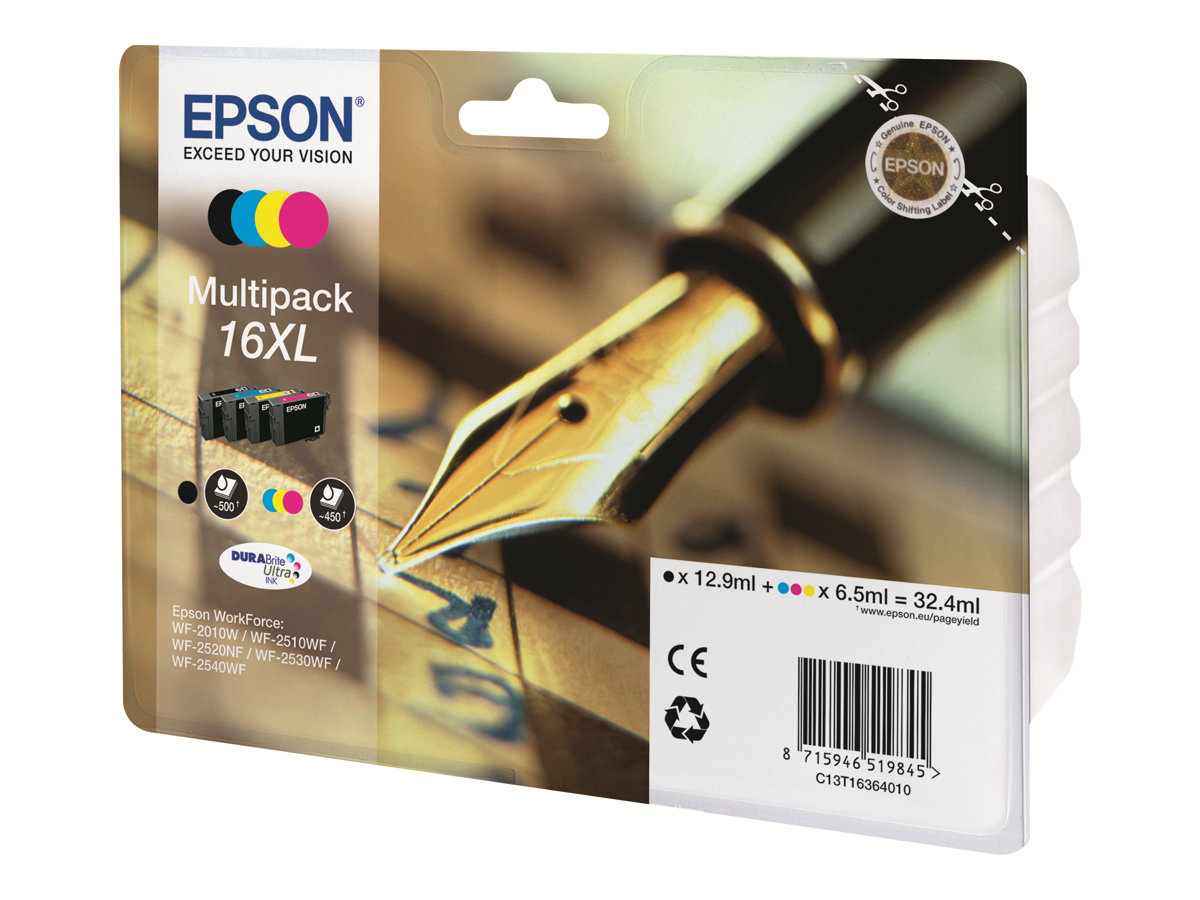 Epson 16XL Multipack - Pack de 4 - XL - noir, jaune, cyan, magenta - original - blister - cartouche d'encre - pour WorkForce WF-2010, 2510, 2520, 2530, 2540, 2630, 2650, 2660, 2750, 2760 - C13T16364012 - Cartouches d'encre Epson