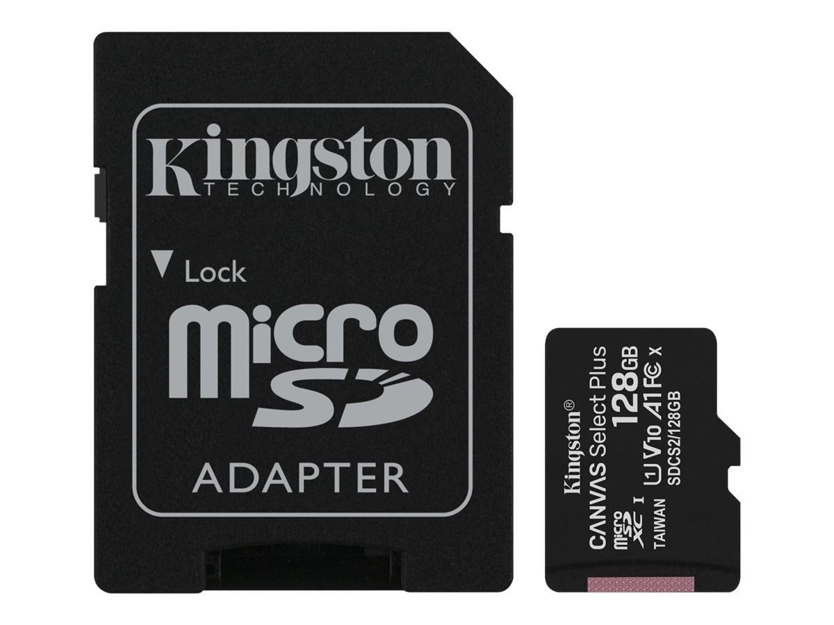 Kingston Canvas Select Plus - Carte mémoire flash (adaptateur microSDXC vers SD inclus(e)) - 128 Go - A1 / Video Class V10 / UHS Class 1 / Class10 - microSDXC UHS-I - SDCS2/128GB - Cartes flash