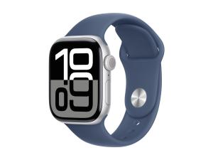 Apple Watch Series 10 (GPS) - 42 mm - aluminium argenté - montre intelligente avec bande sport - fluoroélastomère - denim - taille du bracelet : M/L - 64 Go - Wi-Fi 4, UWB, Bluetooth - 30 g - MWWC3QF/A - Montres intelligentes