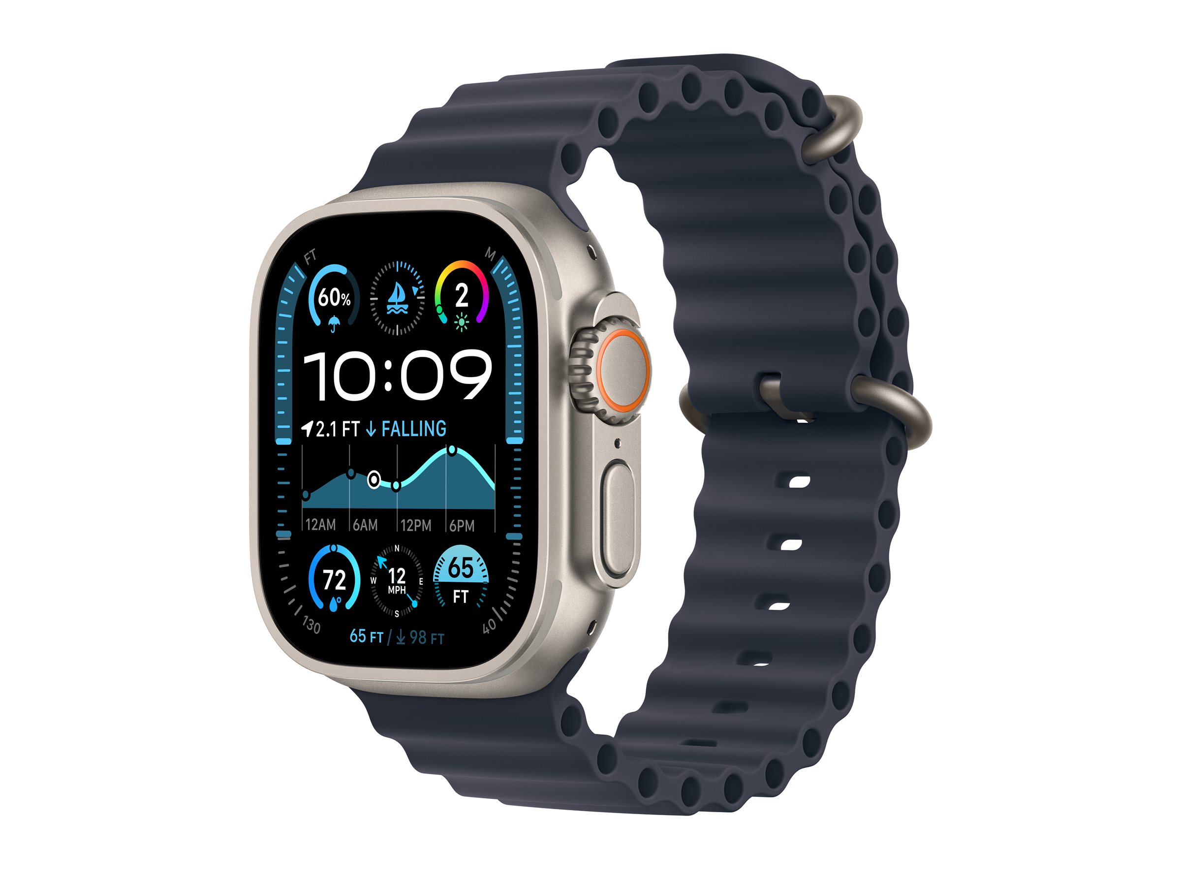 Apple Watch Ultra 2 - 49 mm - titanium naturel - montre intelligente avec Bracelet Océan - fluoroélastomère - marine - taille du poignet : 130-200 mm - 64 Go - LTE, Wi-Fi 4, UWB, Bluetooth - 4G - 61.4 g - MX4D3NF/A - Montres intelligentes