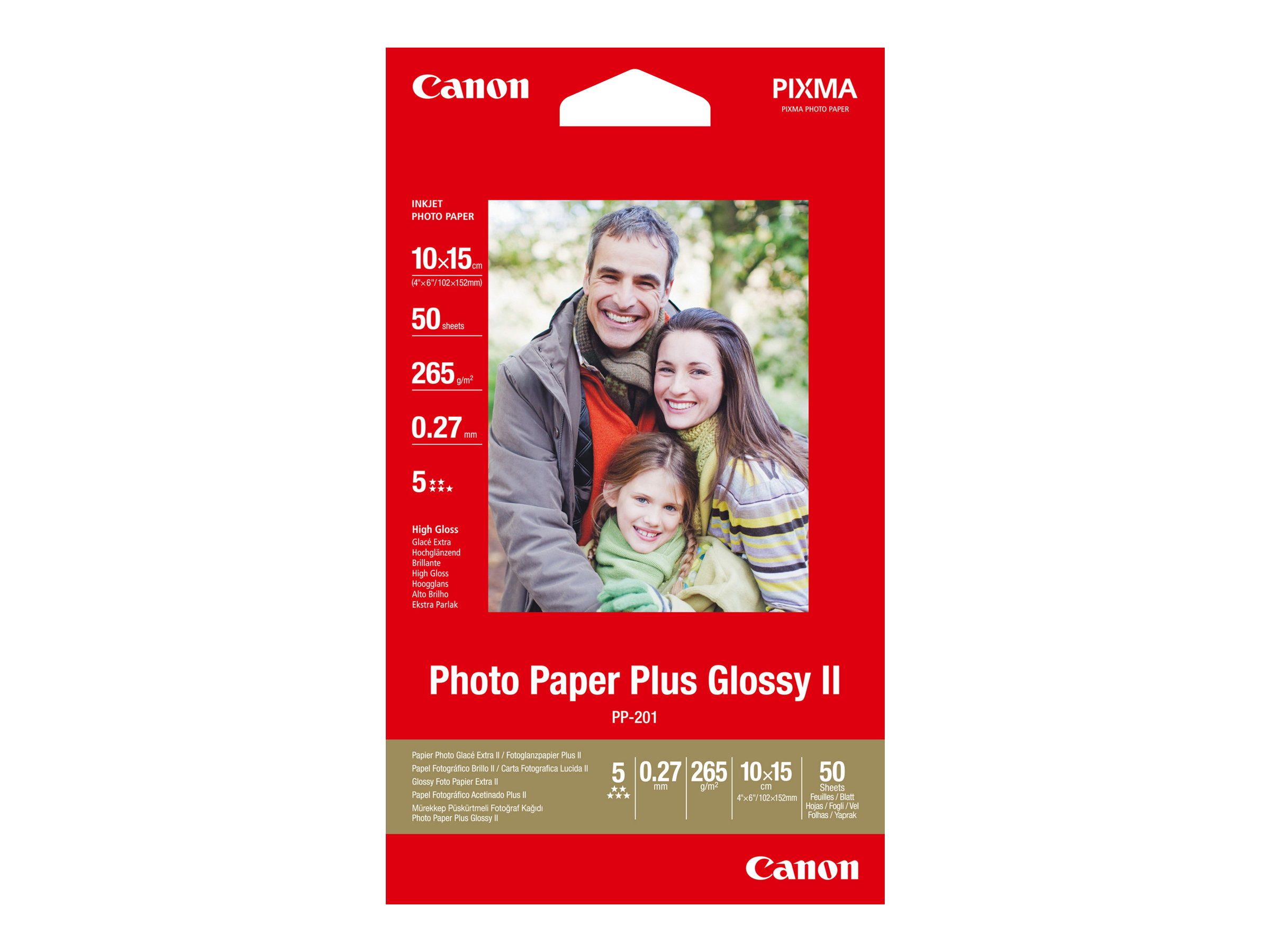 Canon Photo Paper Plus Glossy II PP-201 - Brillant - 100 x 150 mm - 260 g/m² - 50 feuille(s) papier photo - pour PIXMA iP2600, iP2700, iX7000, MG2555, MG8250, mini320, MP520, MX7600, MX850, TS7450 - 2311B003 - Papier photo