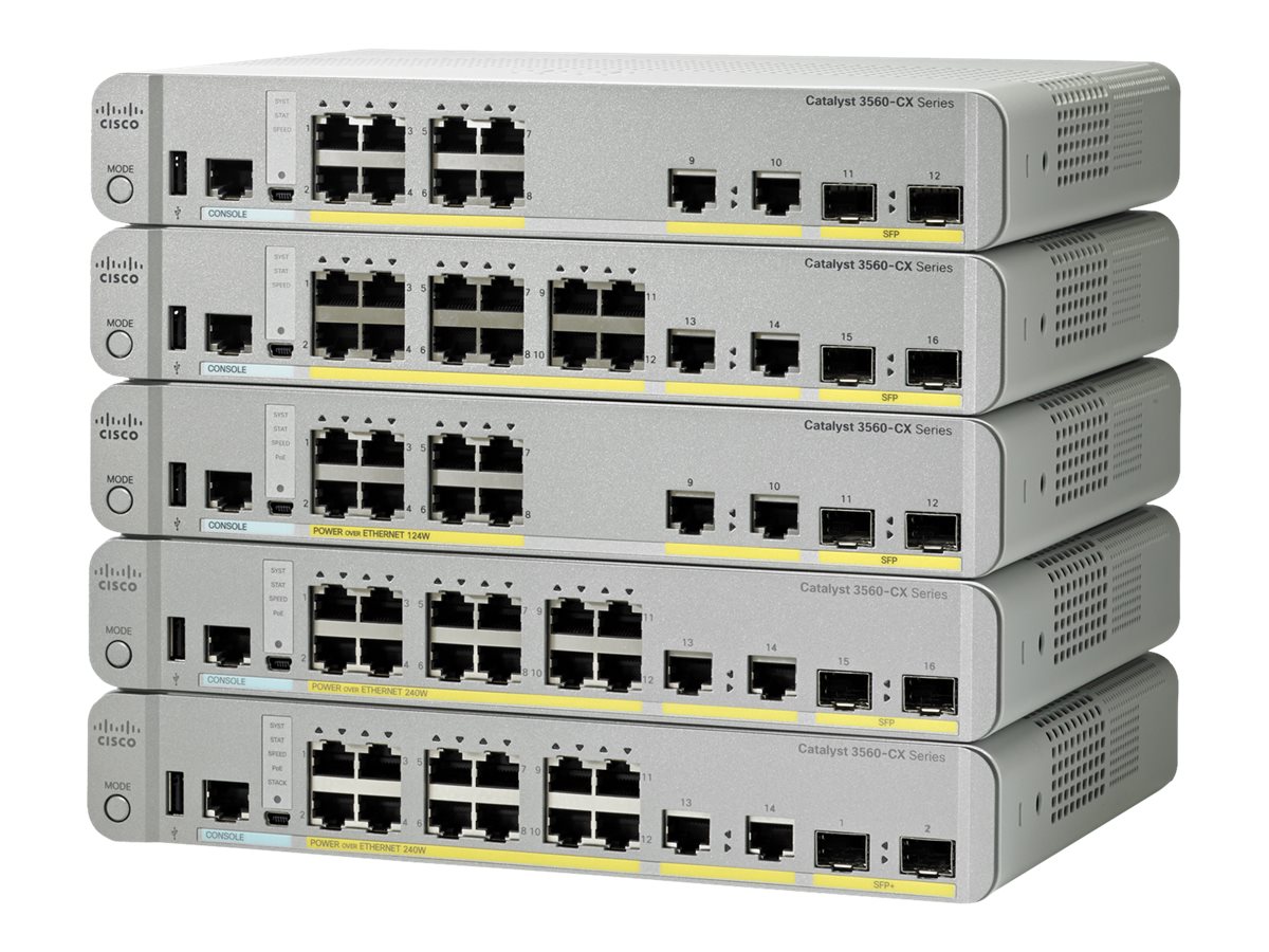 Cisco Catalyst 3560CX-12TC-S - Commutateur - Géré - 12 x 10/100/1000 + 2 x SFP Gigabit combiné - de bureau, Montable sur rack, Montage sur rail DIN, fixation murale - WS-C3560CX-12TC-S - Concentrateurs et commutateurs gigabit