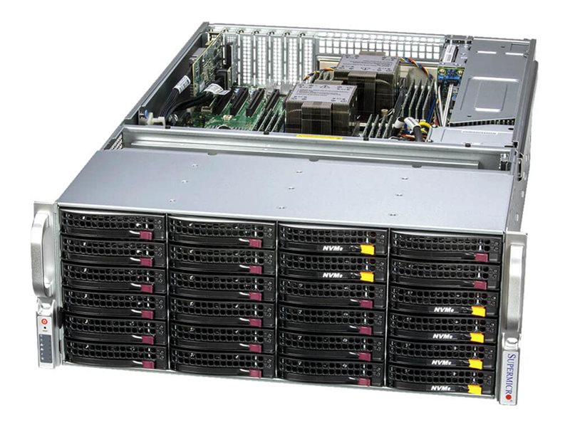 Supermicro Storage SuperServer 641E-E1CR36H - Serveur - Montable sur rack - 4U - 2 voies - pas de processeur jusqu'à - RAM 0 Go - SATA/SAS - hot-swap 2.5", 3.5" baie(s) - aucun disque dur - Gigabit Ethernet, 10 Gigabit Ethernet, 5 Gigabit Ethernet, 2.5 Gigabit Ethernet - Aucun SE fourni - moniteur : aucun - argent - SSG-641E-E1CR36H - Serveurs rack