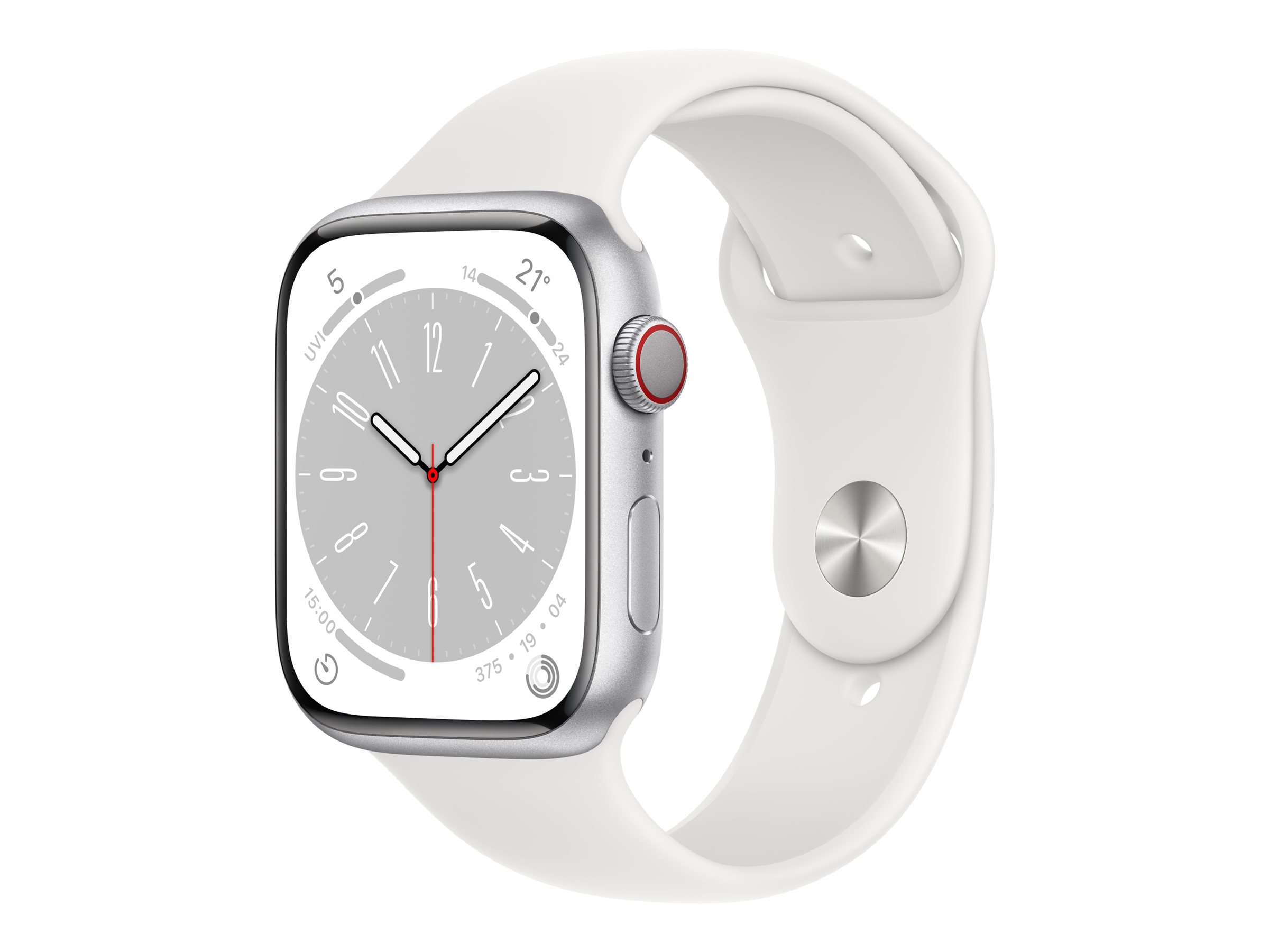 Apple Watch Series 8 (GPS + Cellular) - 45 mm - aluminium argenté - montre intelligente avec bande sport - fluoroélastomère - blanc - taille du bracelet : Normal - 32 Go - Wi-Fi, LTE, Bluetooth, UWB - 4G - 38.8 g - MP4J3NF/A - Montres intelligentes