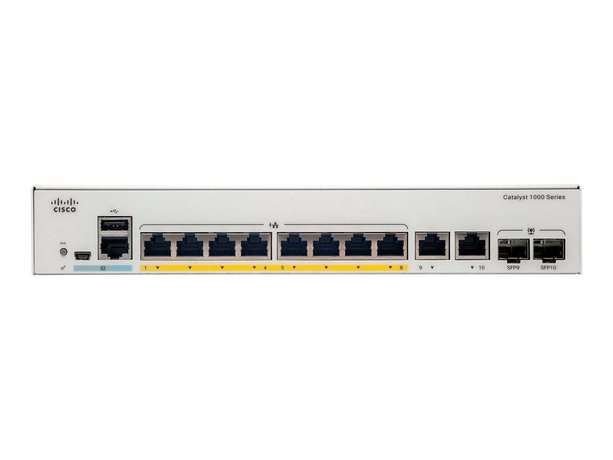 Cisco Catalyst 1000-8P-2G-L - Commutateur - Géré - 4 x 10/100/1000 (PoE+) + 4 x 10/100/1000 + 2 x SFP Gigabit combo (liaison montante) - Montable sur rack - PoE+ (67 W) - C1000-8P-2G-L - Concentrateurs et commutateurs gigabit
