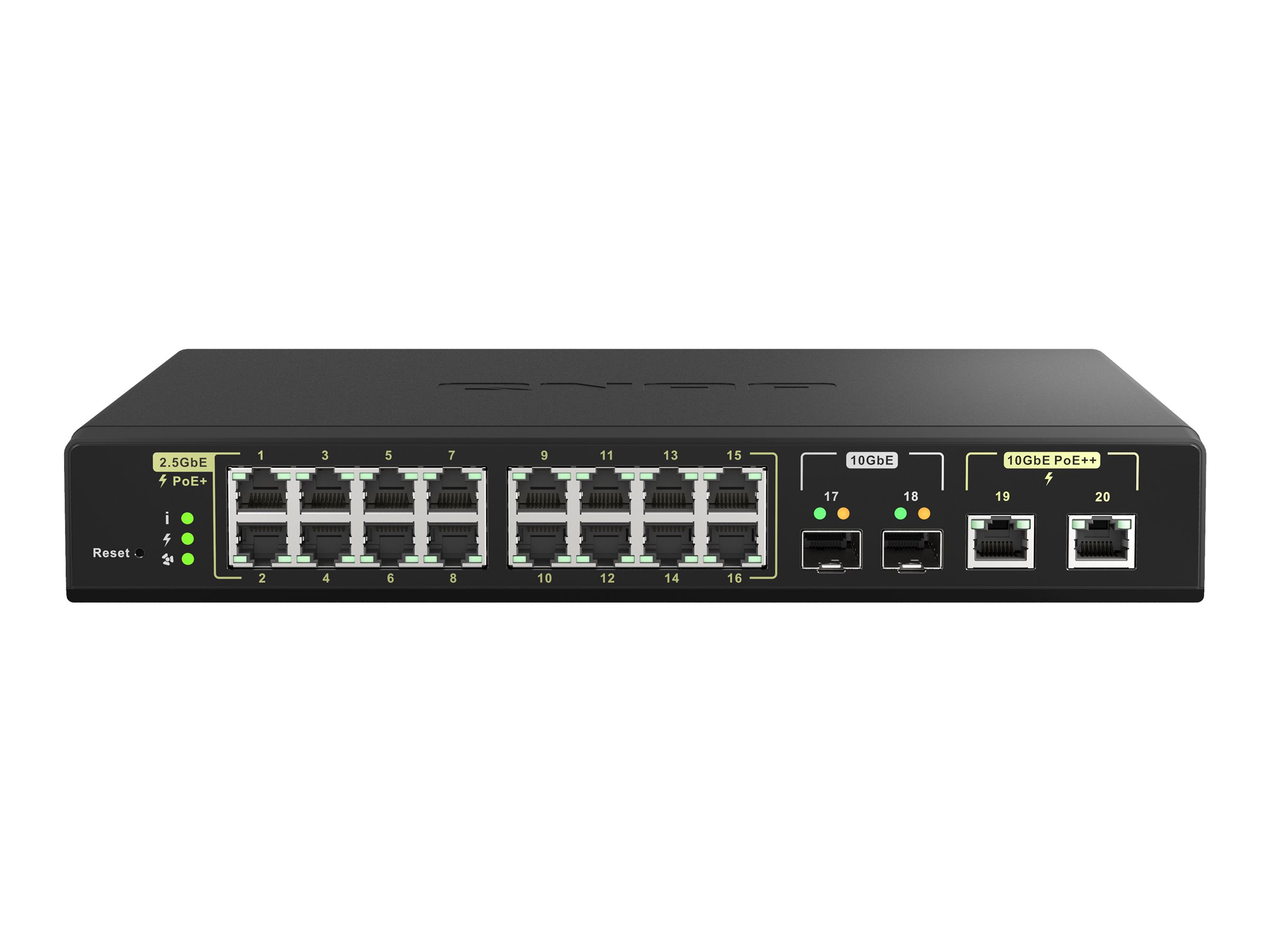 QNAP QSW-M2116P-2T2S - Commutateur - Géré - 16 x 100/1000/2.5G (PoE+) + 2 x 10 Gigabit SFP+ + 2 x 100/1000/2.5/5/10G (PoE++) - de bureau, Montable sur rack - PoE++ (280 W) - QSW-M2116P-2T2S - Commutateurs Gigabit 10/25/40/50/100