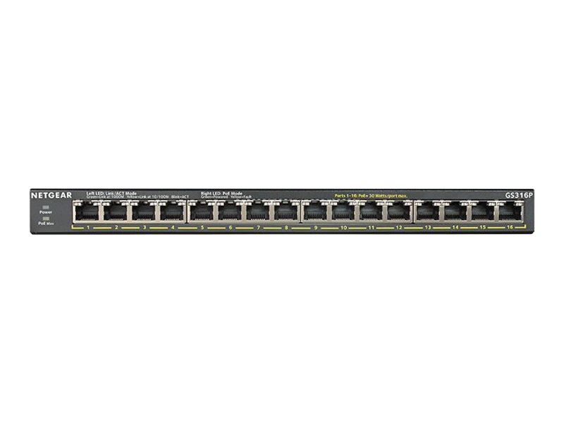 NETGEAR GS316P - Commutateur - non géré - 16 x 10/100/1000 (PoE+) - de bureau, fixation murale - PoE+ (115 W) - GS316P-100EUS - Concentrateurs et commutateurs gigabit