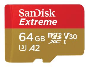 SanDisk Extreme - Carte mémoire flash (adaptateur microSDXC vers SD inclus(e)) - 64 Go - A2 / Video Class V30 / UHS-I U3 / Class10 - microSDXC UHS-I - SDSQXAH-064G-GN6AA - Cartes flash