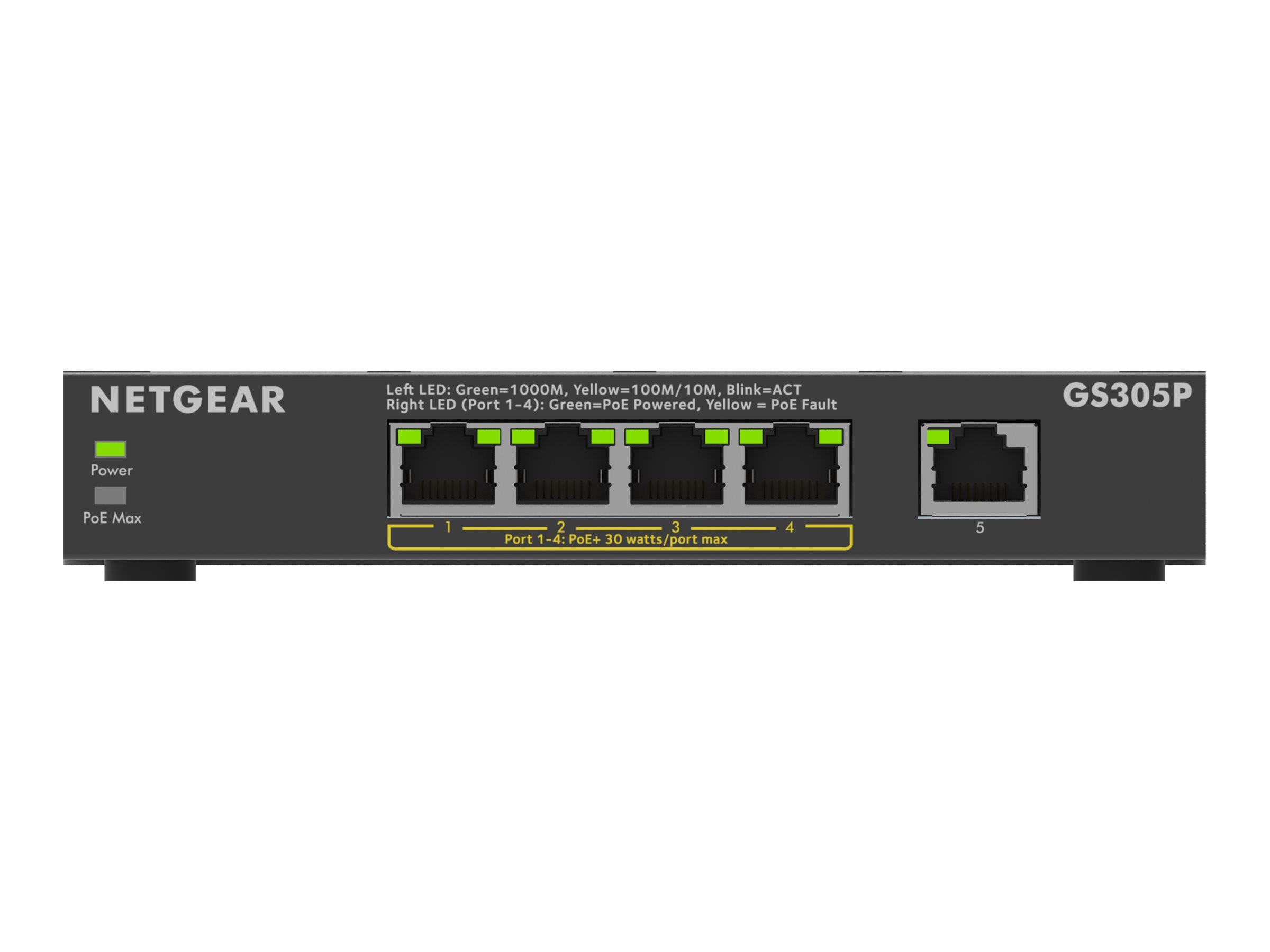 NETGEAR 300 Series GS305P - Version 3 - commutateur - SOHO - non géré - 5 x 10/100/1000 (4 PoE+) - de bureau, fixation murale - PoE+ (63 W) - GS305P-300EUS - Commutateurs non gérés