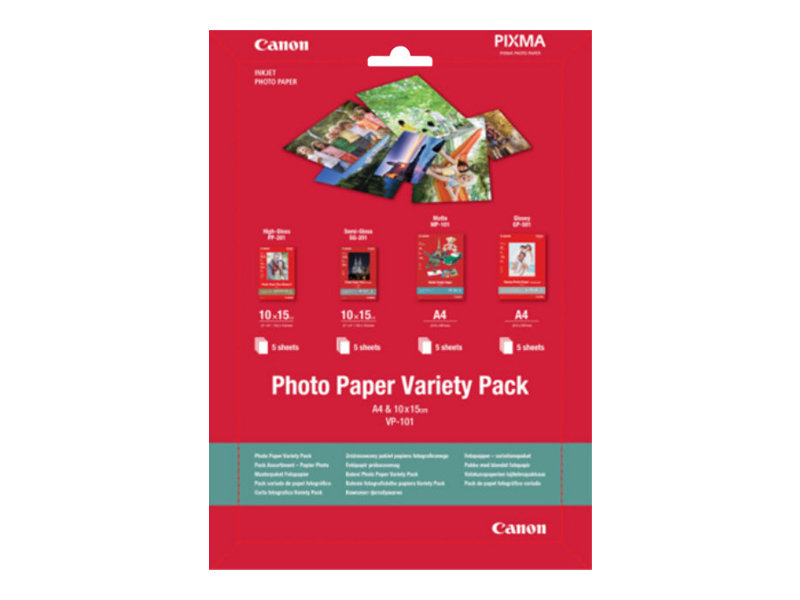 Canon Variety Pack VP-101 - 20 feuille(s) kit papier photo - pour PIXMA MG2550, MG3550, MG3650, MG5750, MG5751, MG6450, MG6850, MG7150, MG7750, MG7751 - 0775B079 - Papier photo