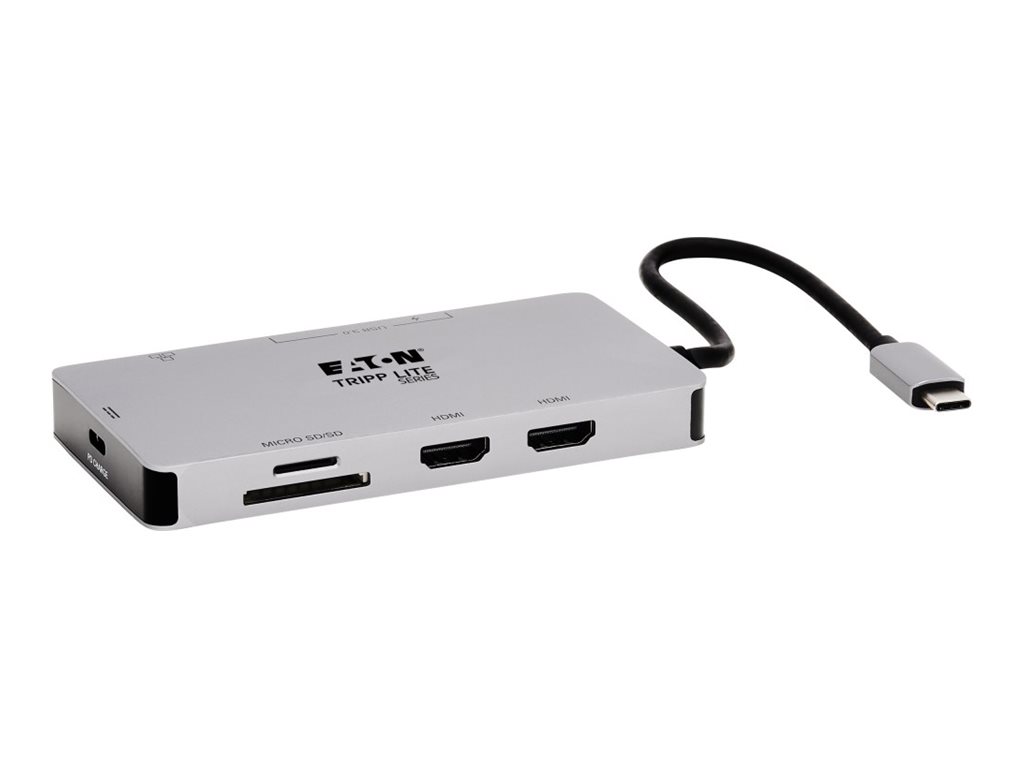Eaton Tripp Lite Series USB-C Dock, Dual Display - 4K 60 Hz HDMI, USB 3.2 Gen 1, USB-A Hub, GbE, Memory Card, 100W PD Charging, Gray - Station d'accueil - USB-C - 2 x HDMI - 1GbE - U442-DOCK8G-GG - Stations d'accueil pour ordinateur portable