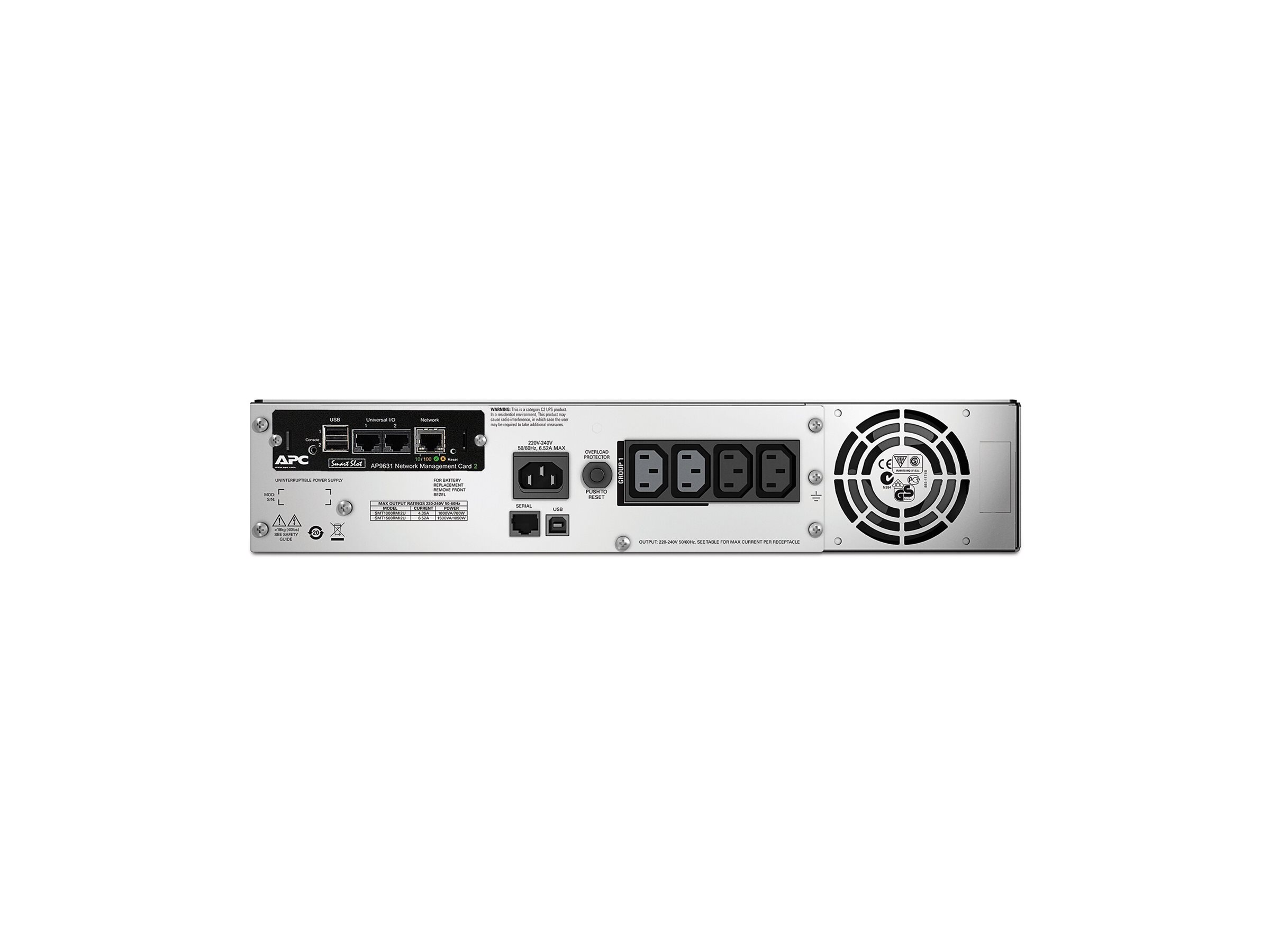 APC Smart-UPS 1500VA LCD RM - Onduleur (rack-montable) - CA 230 V - 1000 Watt - 1500 VA - Ethernet, RS-232, USB - connecteurs de sortie : 4 - 2U - noir - avec APC UPS Network Management Card - pour P/N: AR4018SPX432, AR4024SP, AR4024SPX429, AR4024SPX431, AR4024SPX432, NBWL0356A - SMT1500RMI2UNC - UPS montables sur rack