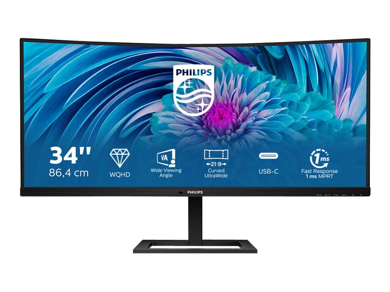 Philips E-line 346E2CUAE - Écran LED - incurvé - 34" (34" visualisable) - 3440 x 1440 UWQHD @ 100 Hz - VA - 300 cd/m² - 3000:1 - 1 ms - HDMI, DisplayPort, USB-C - haut-parleurs - noir texturé - 346E2CUAE/00 - Écrans d'ordinateur