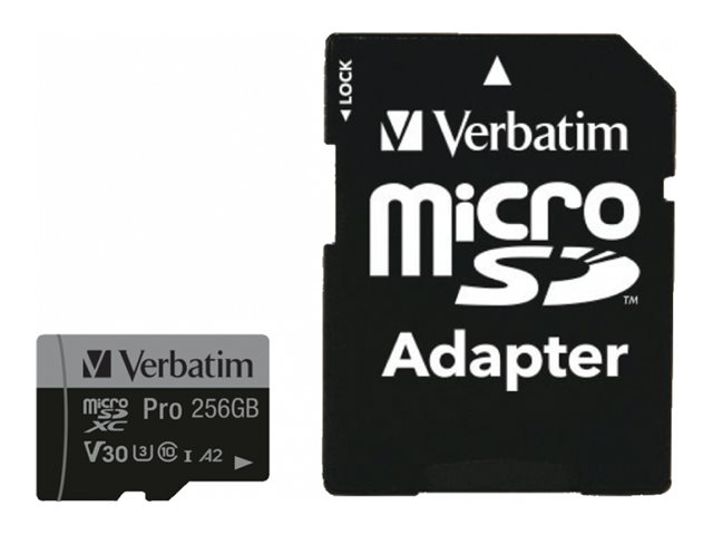 Verbatim PRO U3 - Carte mémoire flash (adaptateur microSDXC vers SD inclus(e)) - 256 Go - A2 / UHS-I U3 / Class10 - microSDXC UHS-I - 47045 - Cartes flash