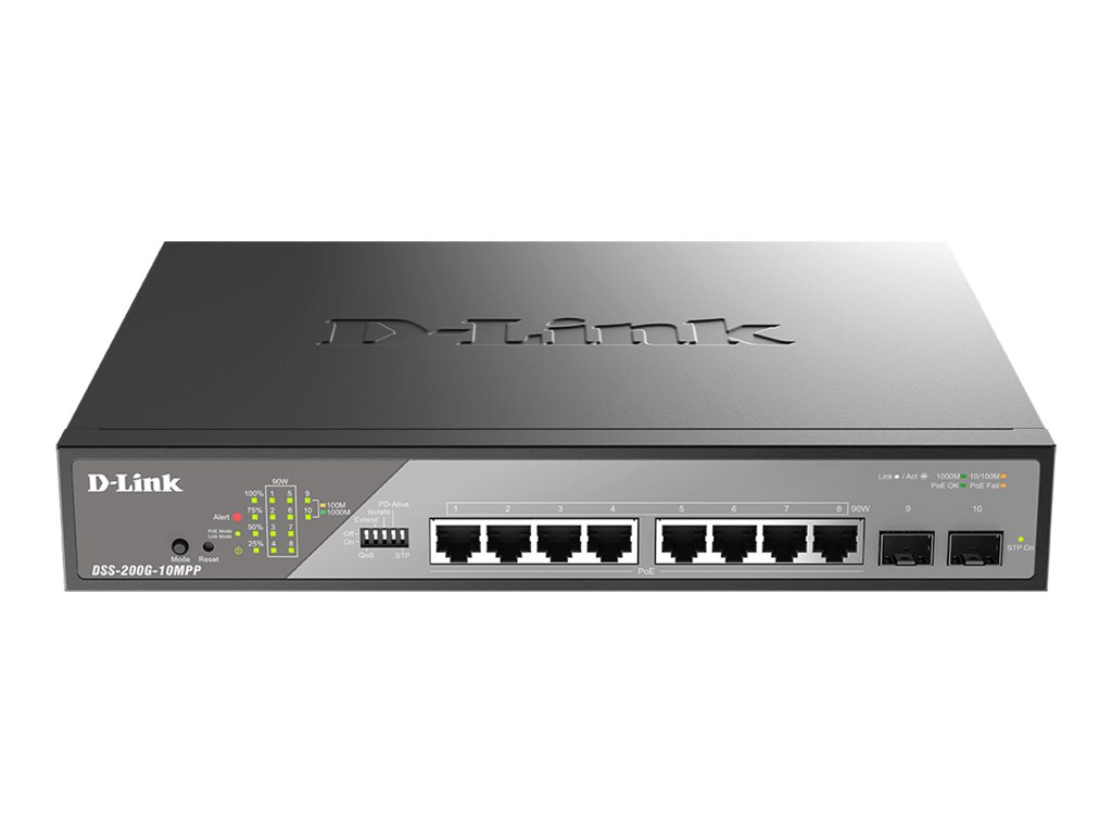 D-Link DSS 200G-10MPP - Commutateur - Géré - 8 x 10/100/1000 (PoE) + 2 x Gigabit SFP - Montable sur rack - PoE (242 W) - DSS-200G-10MPP/E - Concentrateurs et commutateurs gigabit