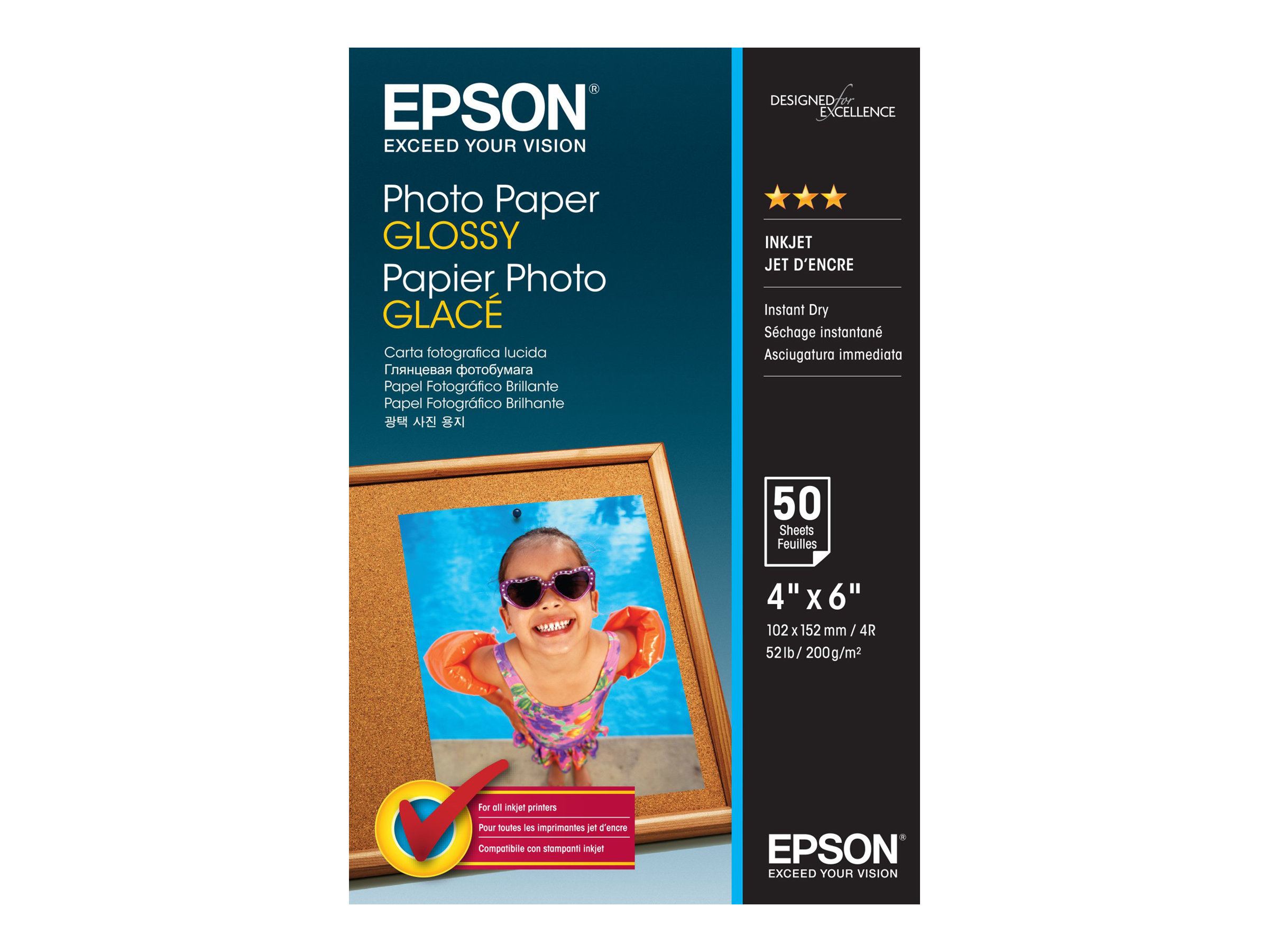 Epson - Brillant - 102 x 152 mm - 200 g/m² - 50 feuille(s) papier photo - pour EcoTank ET-2850, 2851, 2856, 4850; EcoTank Photo ET-8500; EcoTank Pro ET-5800 - C13S042547 - Papier photo