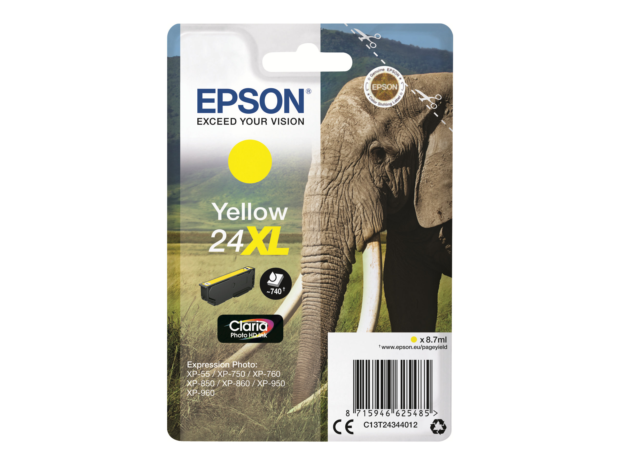 Epson 24XL - 8.7 ml - XL - jaune - original - cartouche d'encre - pour Expression Photo XP-55, 750, 760, 850, 860, 950, 960, 970; Expression Premium XP-750, 850 - C13T24344012 - Cartouches d'imprimante