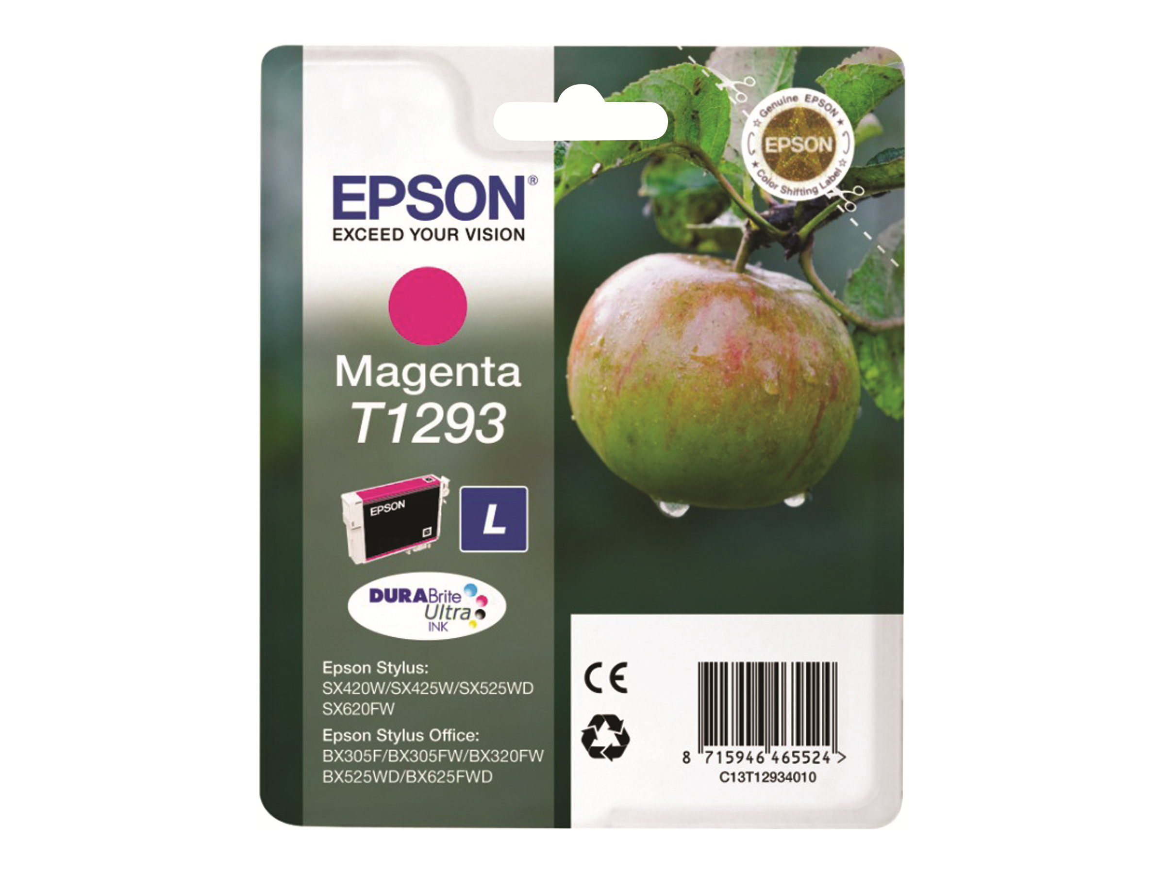 Epson T1293 - Taille L - magenta - original - emballage coque avec alarme radioélectrique/ acoustique - cartouche d'encre - pour Stylus SX230, SX235, SX430, SX438; WorkForce WF-3010, 3520, 3530, 3540, 7015, 7515, 7525 - C13T12934022 - Cartouches d'imprimante