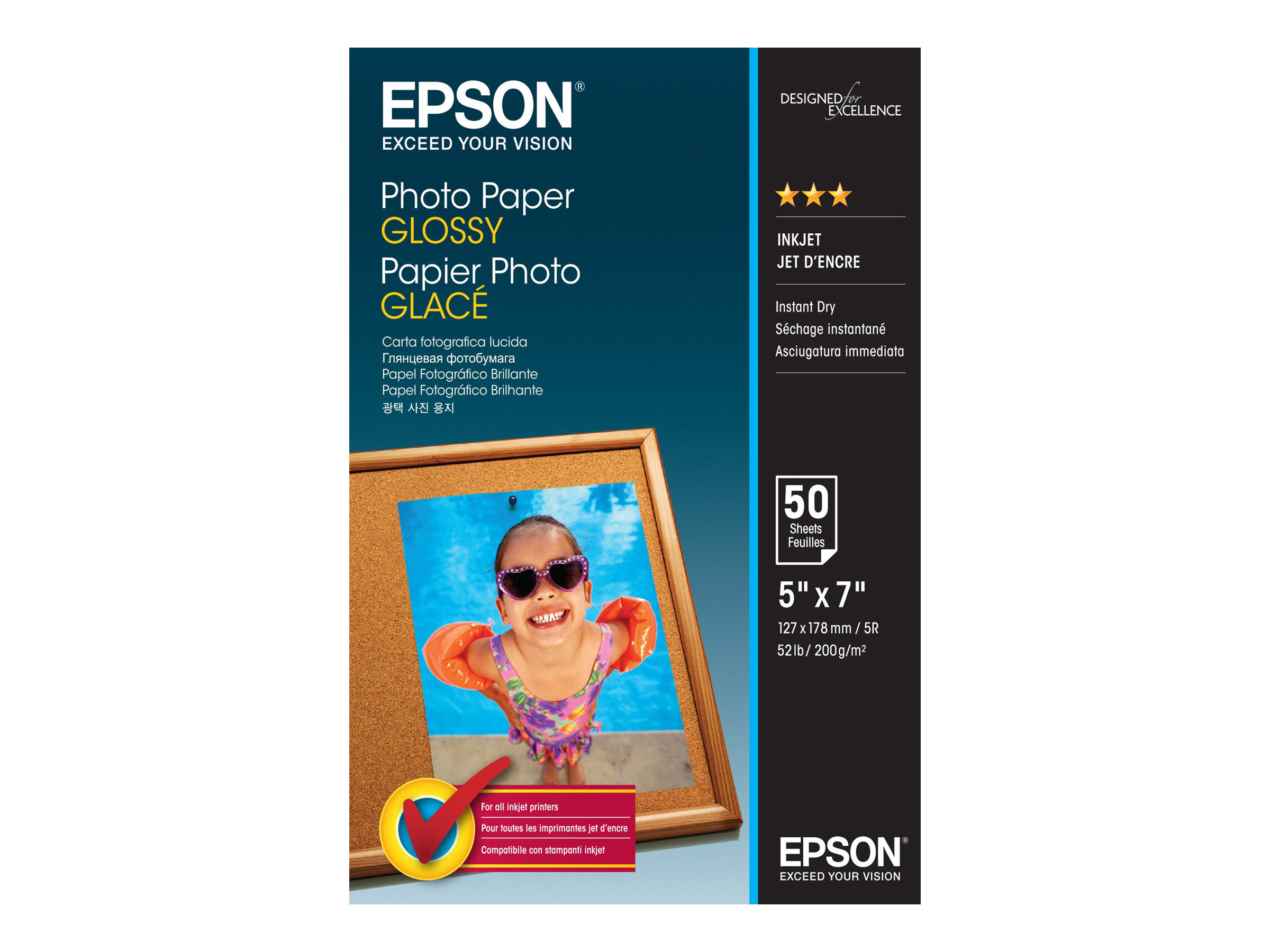 Epson - Brillant - 127 x 178 mm - 200 g/m² - 50 feuille(s) papier photo - pour EcoTank ET-2750, 2751, 2756, 2850, 2851, 2856, 4750, 4850; Expression Home HD XP-15000 - C13S042545 - Papier photo