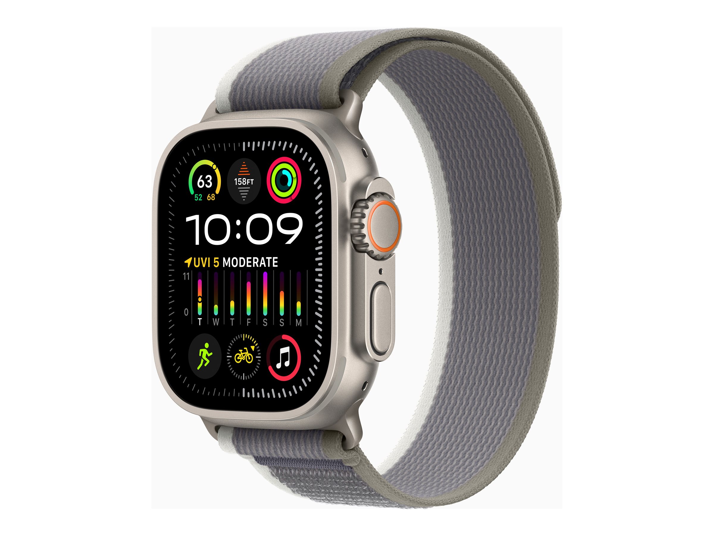 Apple Watch Ultra 2 - 49 mm - titane - montre intelligente avec Boucle Trail - tissage en nylon - vert/gris - taille du bracelet : S/M - 64 Go - Wi-Fi, LTE, UWB, Bluetooth - 4G - 61.4 g - MRF33NF/A - Montres intelligentes