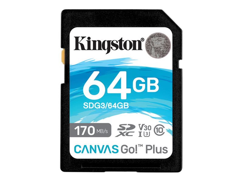 Kingston Canvas Go! Plus - Carte mémoire flash - 64 Go - Video Class V30 / UHS-I U3 / Class10 - SDXC UHS-I - SDG3/64GB - Cartes flash