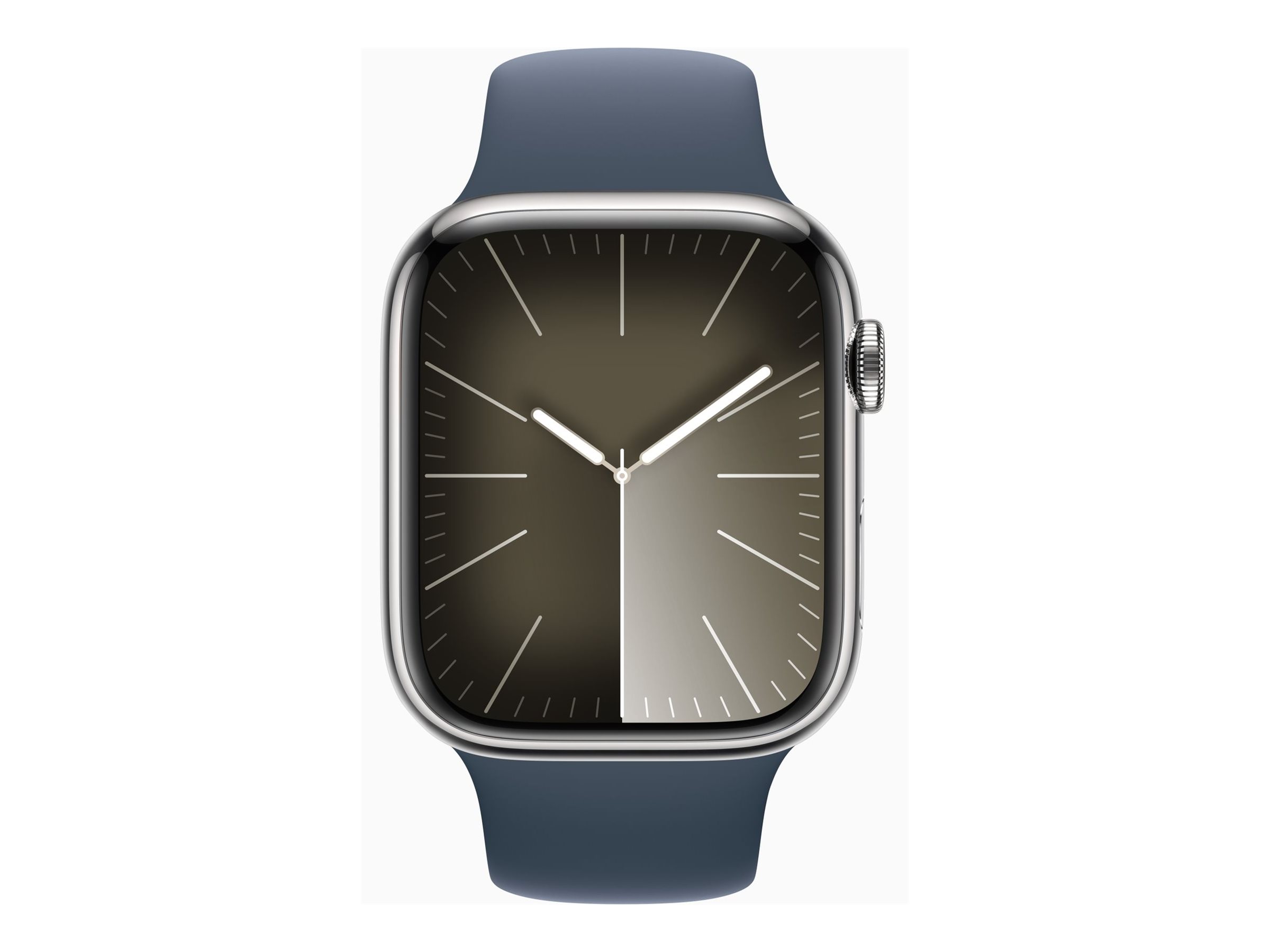 Apple Watch Series 9 (GPS + Cellular) - 45 mm - acier inoxydable argent - montre intelligente avec bande sport - fluoroélastomère - bleu orage - taille du bracelet : S/M - 64 Go - Wi-Fi, LTE, UWB, Bluetooth - 4G - 51.5 g - MRMN3QF/A - Montres intelligentes