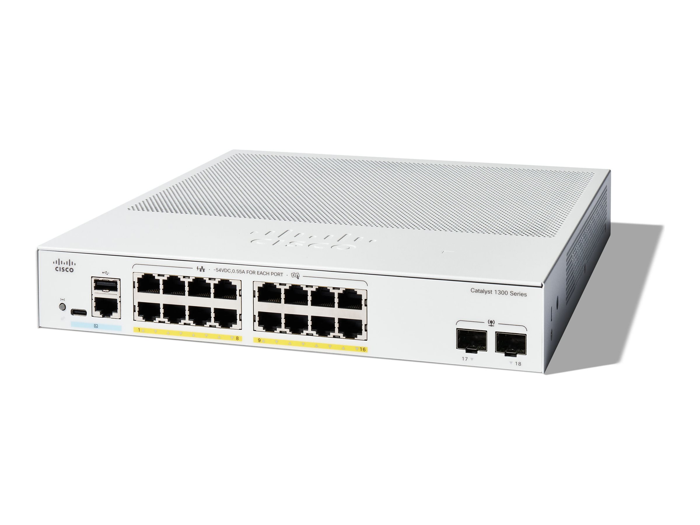 Cisco Catalyst 1300-16FP-2G - Commutateur - C3 - Géré - 16 x 10/100/1000 (PoE+) + 2 x Gigabit Ethernet SFP - Montable sur rack - PoE+ (240 W) - C1300-16FP-2G - Concentrateurs et commutateurs gigabit