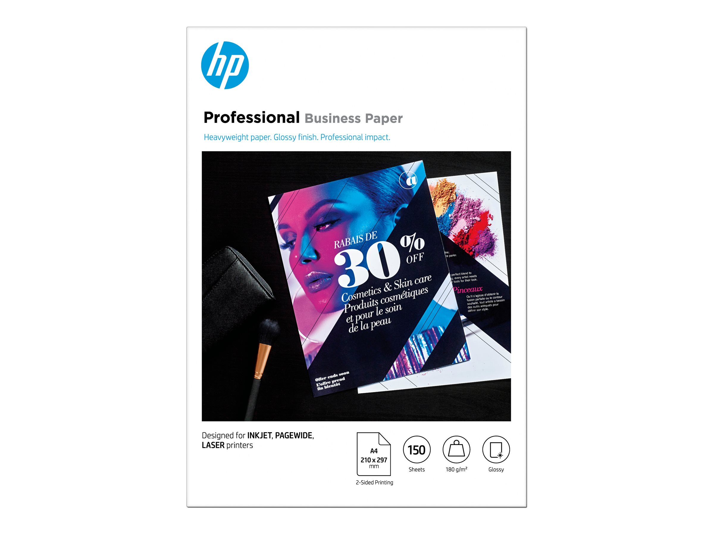 HP Professional Glossy Paper - Brillant - A4 (210 x 297 mm) - 180 g/m² - 150 feuille(s) papier photo - pour Deskjet 15XX, Ink Advantage 27XX; Officejet 80XX, 9012; Photosmart B110 - 3VK91A - Papier photo