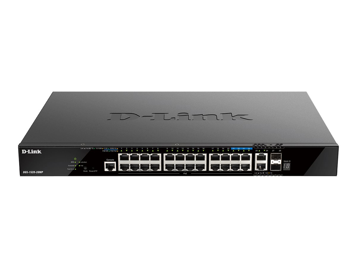 D-Link DGS 1520-28MP - Commutateur - C3 - intelligent - 20 x 10/100/1000 (PoE+) + 4 x 2.5G (PoE+) + 2 x 10 Gigabit Ethernet + 2 x 10 Gigabit SFP+ - Montable sur rack - PoE+ (370 W) - DGS-1520-28MP/E - Concentrateurs et commutateurs gigabit