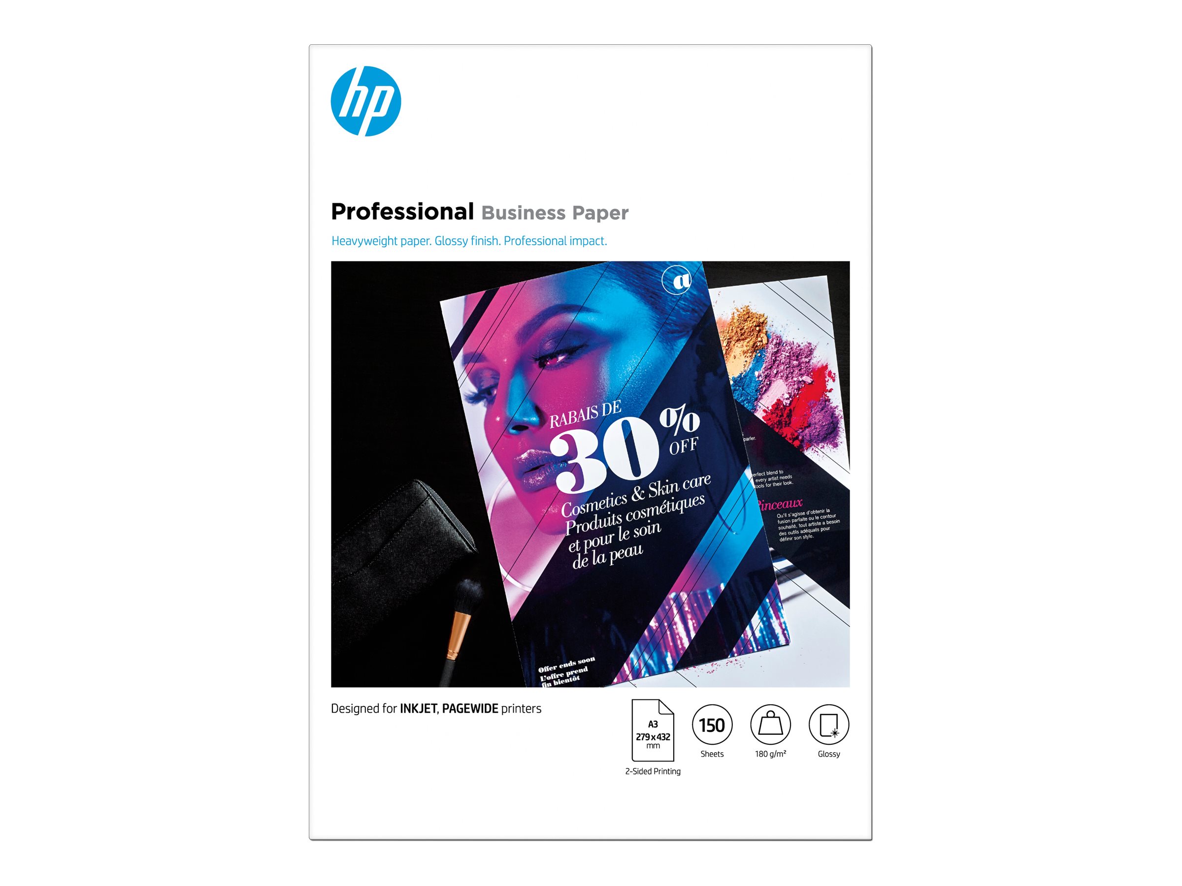 HP Professional - Brillant - A3 (297 x 420 mm) - 180 g/m² - 150 feuille(s) papier photo - pour Deskjet 15XX, Ink Advantage 27XX; Officejet 80XX, 9012; Photosmart B110 - 7MV84A - Papier laser