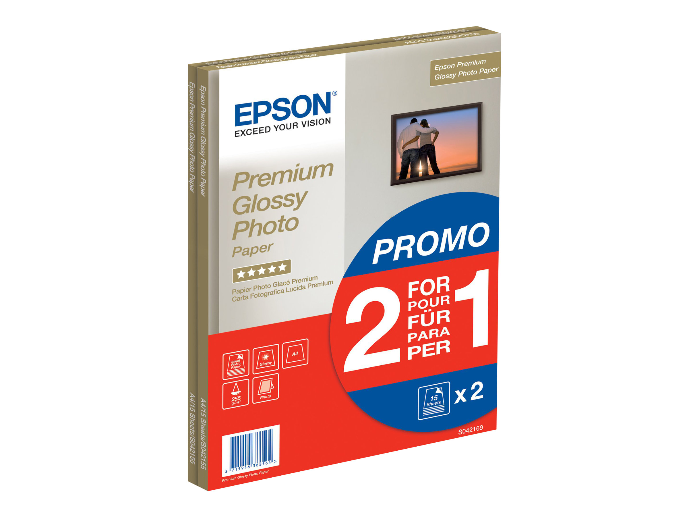 Epson Premium Glossy Photo Paper BOGOF - Brillant - A4 (210 x 297 mm) - 255 g/m² - 15 feuille(s) papier photo (pack de 2) - pour EcoTank ET-2650, 2750, 2751, 2756, 2850, 2851, 2856, 4750, 4850 - C13S042169 - Papier photo