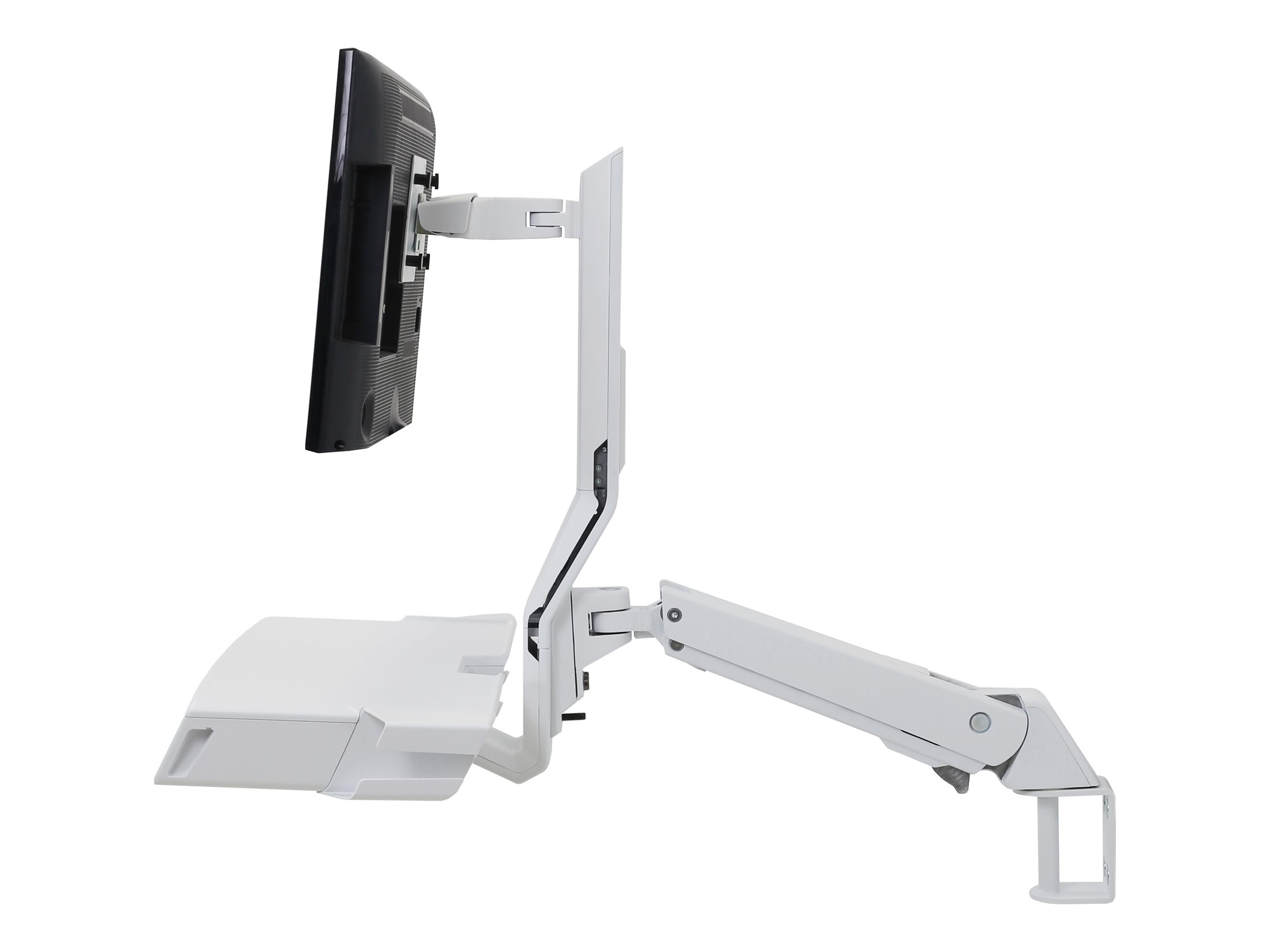 Ergotron Sit-Stand Combo Arm - Kit de montage (repose-poignets, support de fixation murale, fixation pour écran, kit de support de montage de piste, plateau de souris coulissant, bras combiné, surface de travail avec plateau pour clavier, support pour scanner et souris) - Technologie brevetée Constant Force - pour écran LCD/équipement PC - médical - aluminium, plastique haute qualité - blanc - Taille d'écran : jusqu'à 24 pouces - 45-583-216 - Accessoires pour scanner