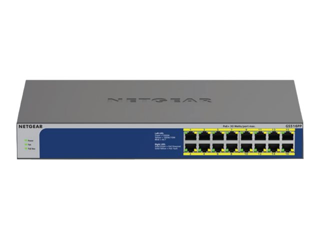 NETGEAR GS516PP - Commutateur - non géré - 16 x 10/100/1000 (PoE+) - de bureau, Montable sur rack - PoE+ (260 W) - GS516PP-100EUS - Concentrateurs et commutateurs gigabit