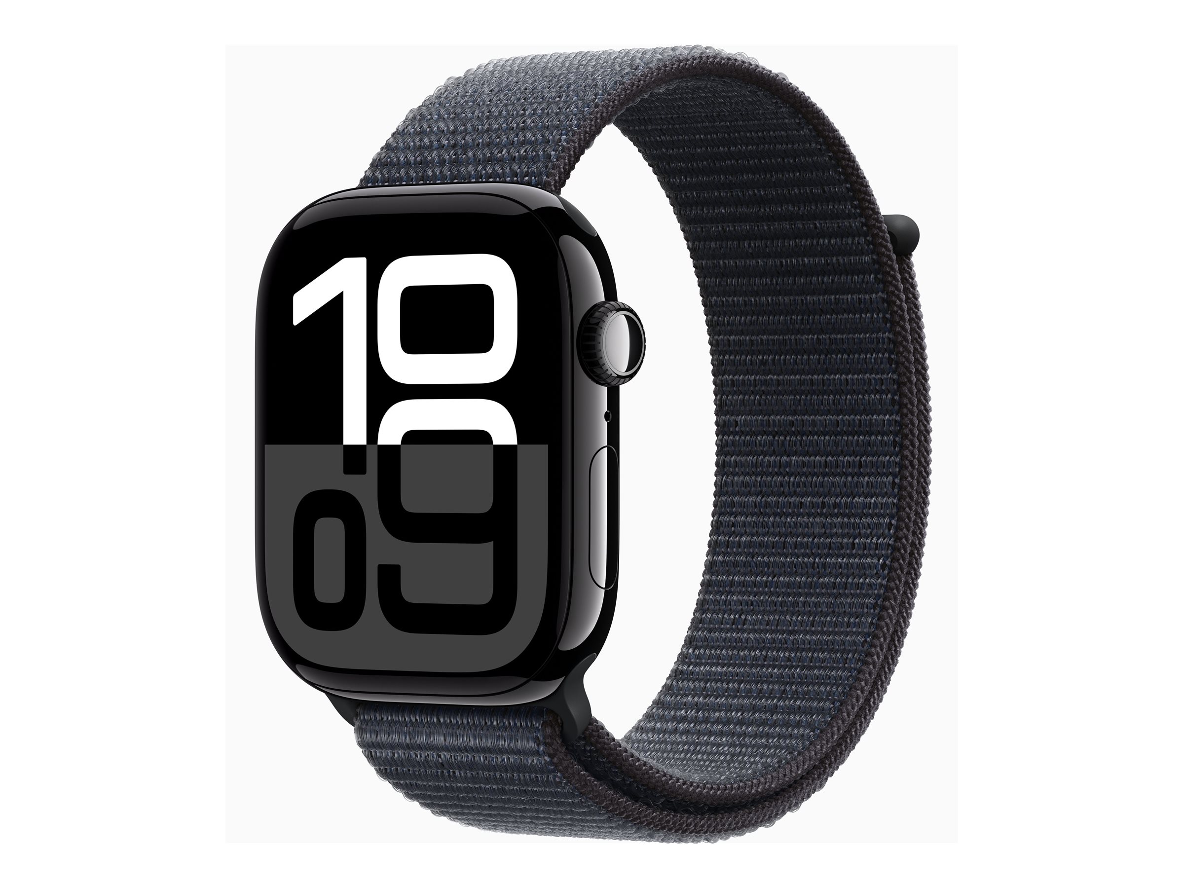 Apple Watch Series 10 (GPS + Cellular) - 46 mm - aluminium noir jais - montre intelligente avec boucle sport - deux couches de matières textiles tissées - encre - taille du poignet : 130-200 mm - 64 Go - LTE, Wi-Fi 4, UWB, Bluetooth - 4G - 35.3 g - MWY53QF/A - Montres intelligentes