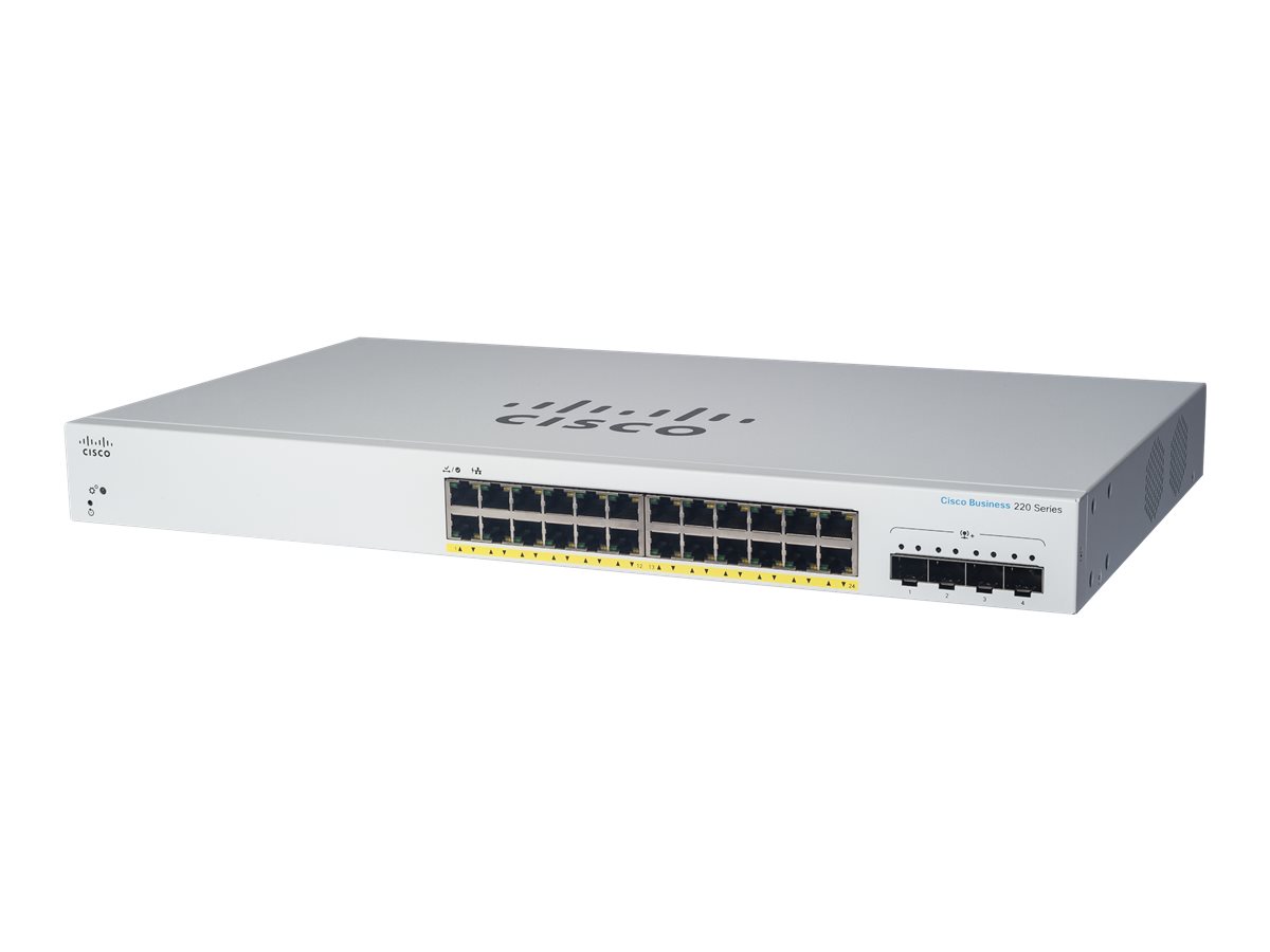 Cisco Business 220 Series CBS220-24P-4G - Commutateur - intelligent - 24 x 10/100/1000 (PoE+) + 4 x Gigabit SFP (liaison montante) - Montable sur rack - PoE+ (195 W) - CBS220-24P-4G-EU - Concentrateurs et commutateurs gigabit