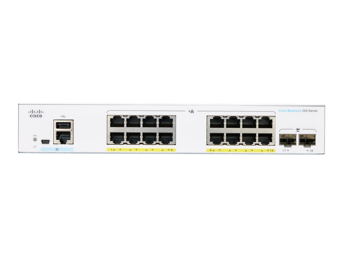 Cisco Business 250 Series CBS250-16P-2G - Commutateur - C3 - intelligent - 16 x 10/100/1000 (PoE+) + 2 x Gigabit SFP - Montable sur rack - PoE+ (120 W) - CBS250-16P-2G-EU - Concentrateurs et commutateurs gigabit