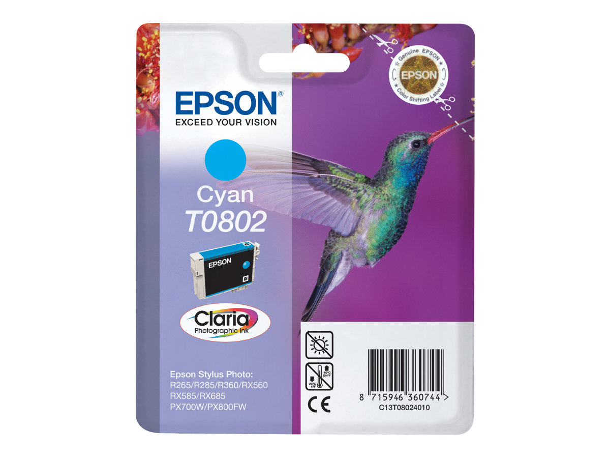 Epson T0802 - 7.4 ml - cyan - original - blister - cartouche d'encre - pour Stylus Photo P50, PX650, PX660, PX700, PX710, PX720, PX730, PX800, PX810, PX820, PX830 - C13T08024011 - Cartouches d'imprimante