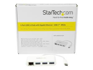 StarTech.com USB C vers Ethernet avec hub USB à 3 ports - Blanc - Gigabit Ethernet - Hub USB 3.0 - Compatible Thunderbolt 3 (HB30C3A1GEA) - Concentrateur (hub) - 3 x SuperSpeed USB 3.0 + 1 x 10/100/1000 - HB30C3A1GEA - Concentrateurs USB